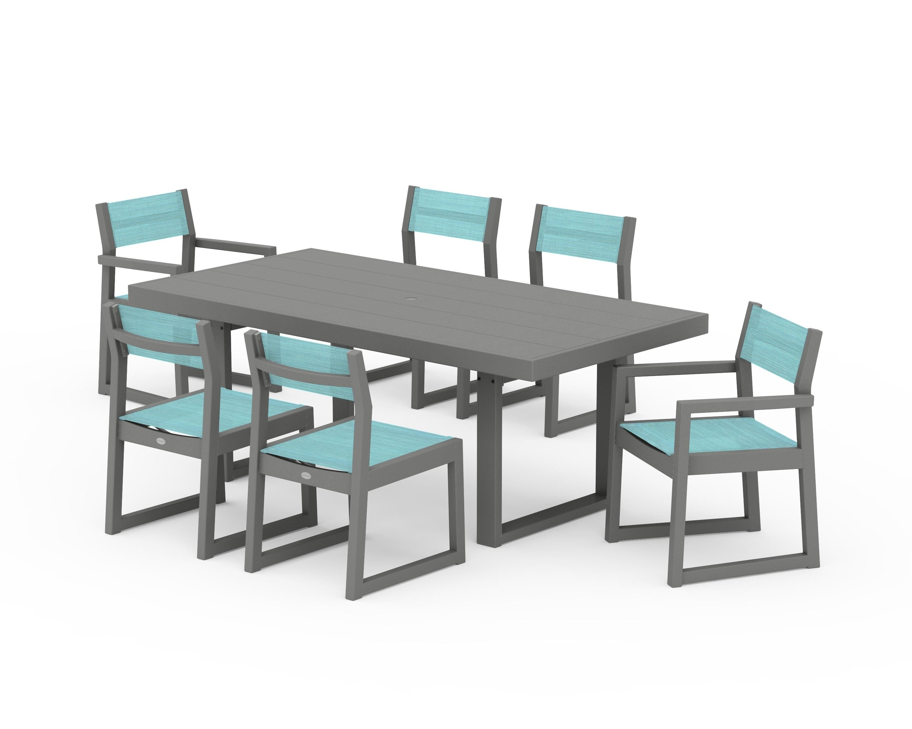 POLYWOOD® EDGE Sling 7-Piece Dining Set in Slate Grey / Dupioni Aquamarine Sling