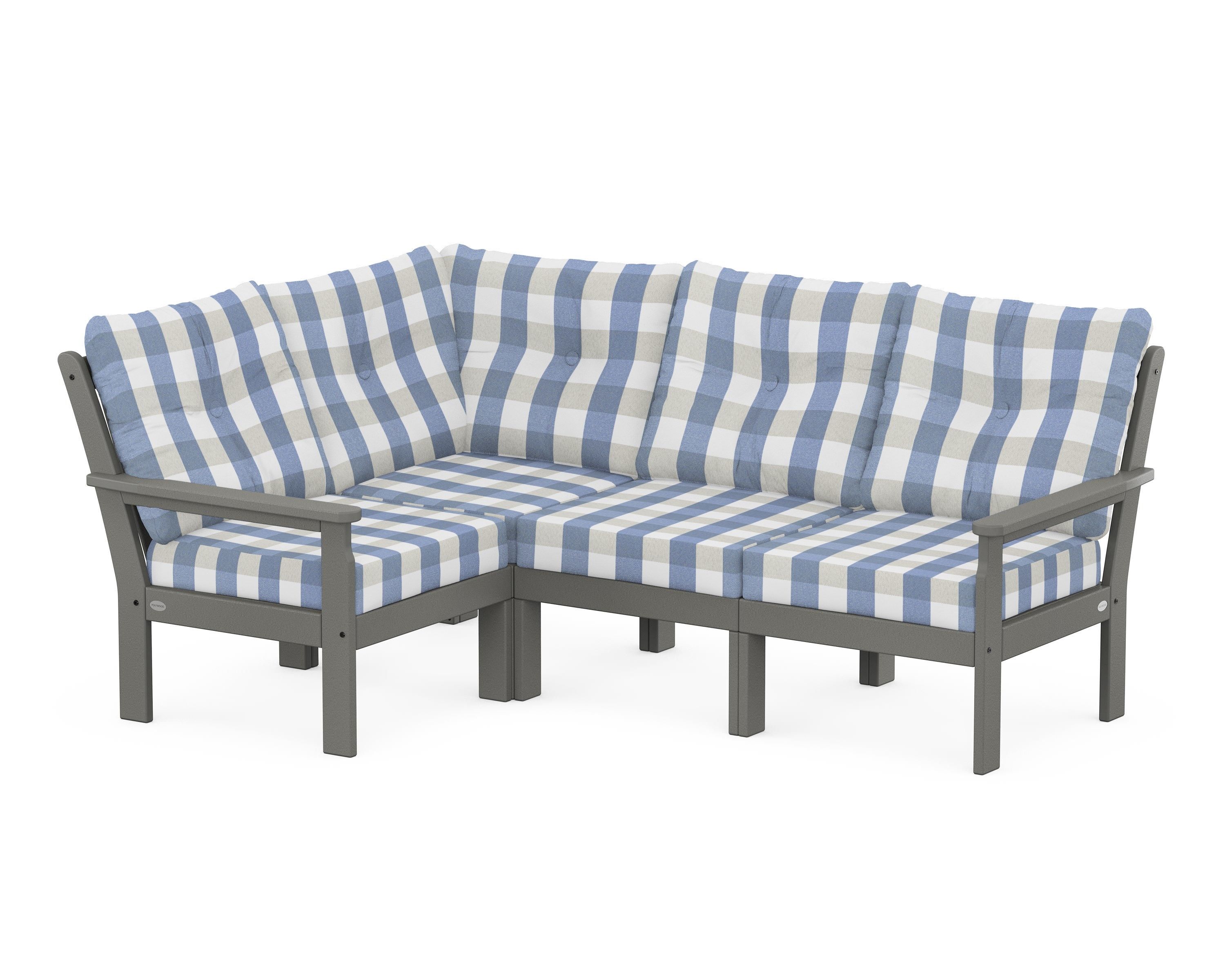 POLYWOOD® Vineyard 4-Piece Sectional in Slate Grey / Buffalo Plaid Sky Blue