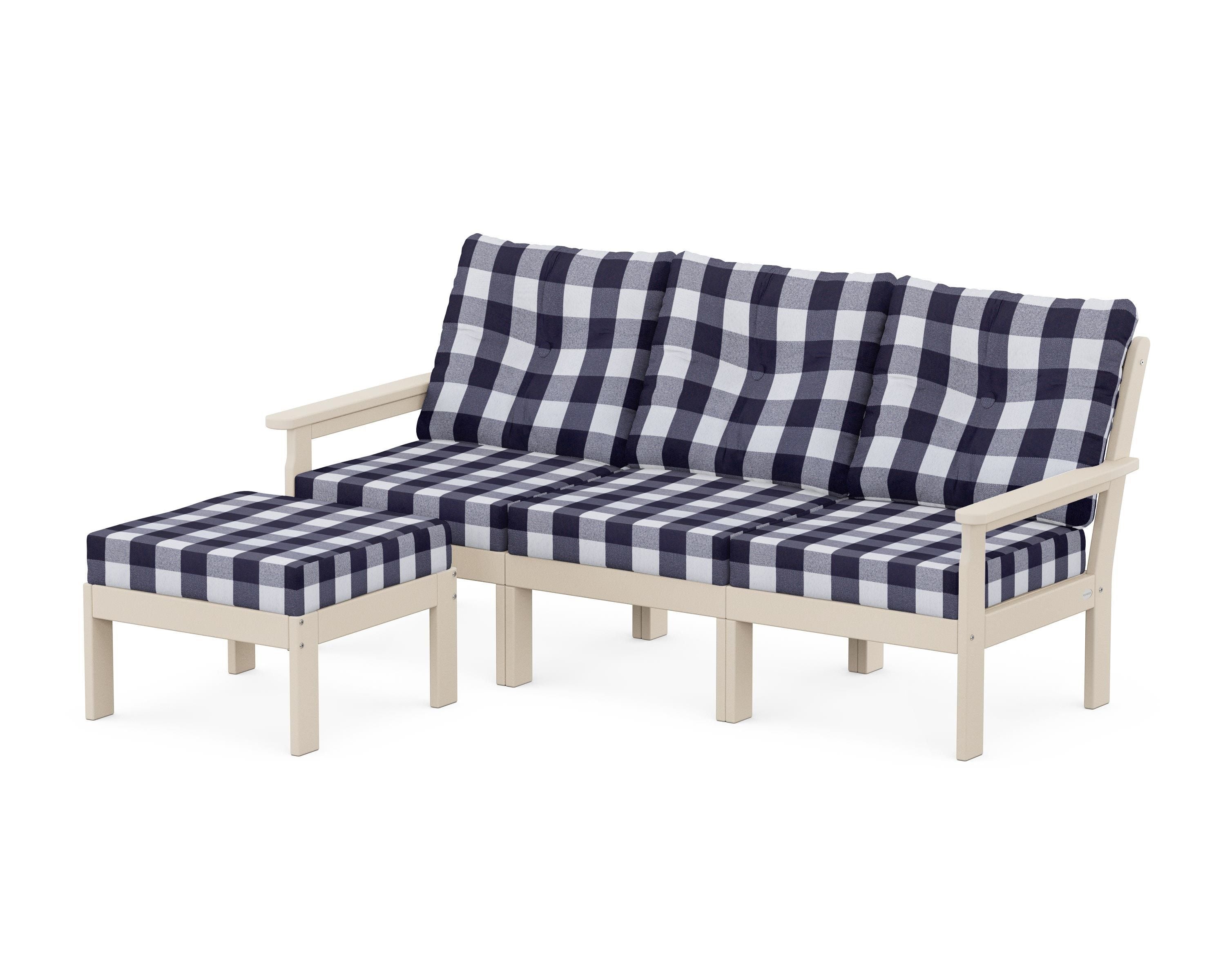 POLYWOOD® Vineyard 4-Piece Sectional with Ottoman in Sand / Buffalo Plaid Navy