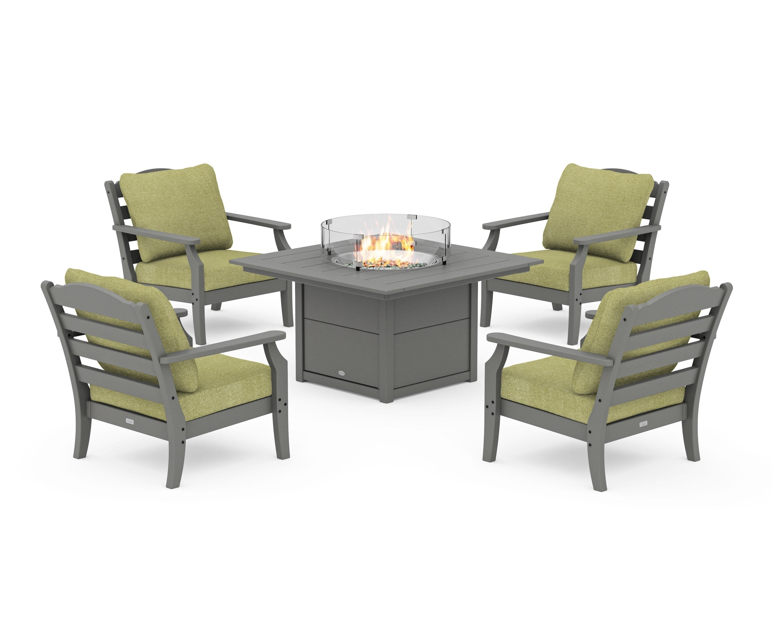 Draper James™ by POLYWOOD® Savannah 5-Piece Deep Seating Set with Fire Pit Table in Slate Grey / Chartreuse Boucle