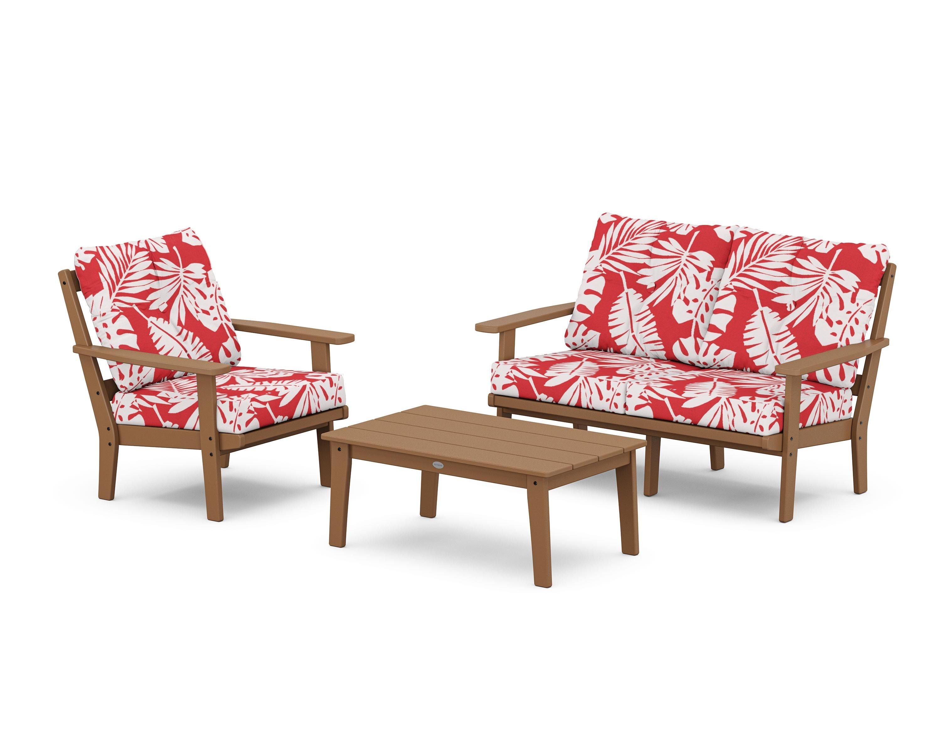 POLYWOOD® Prairie 3-Piece Deep Seating Set with Loveseat in Teak / Leaf Crimson
