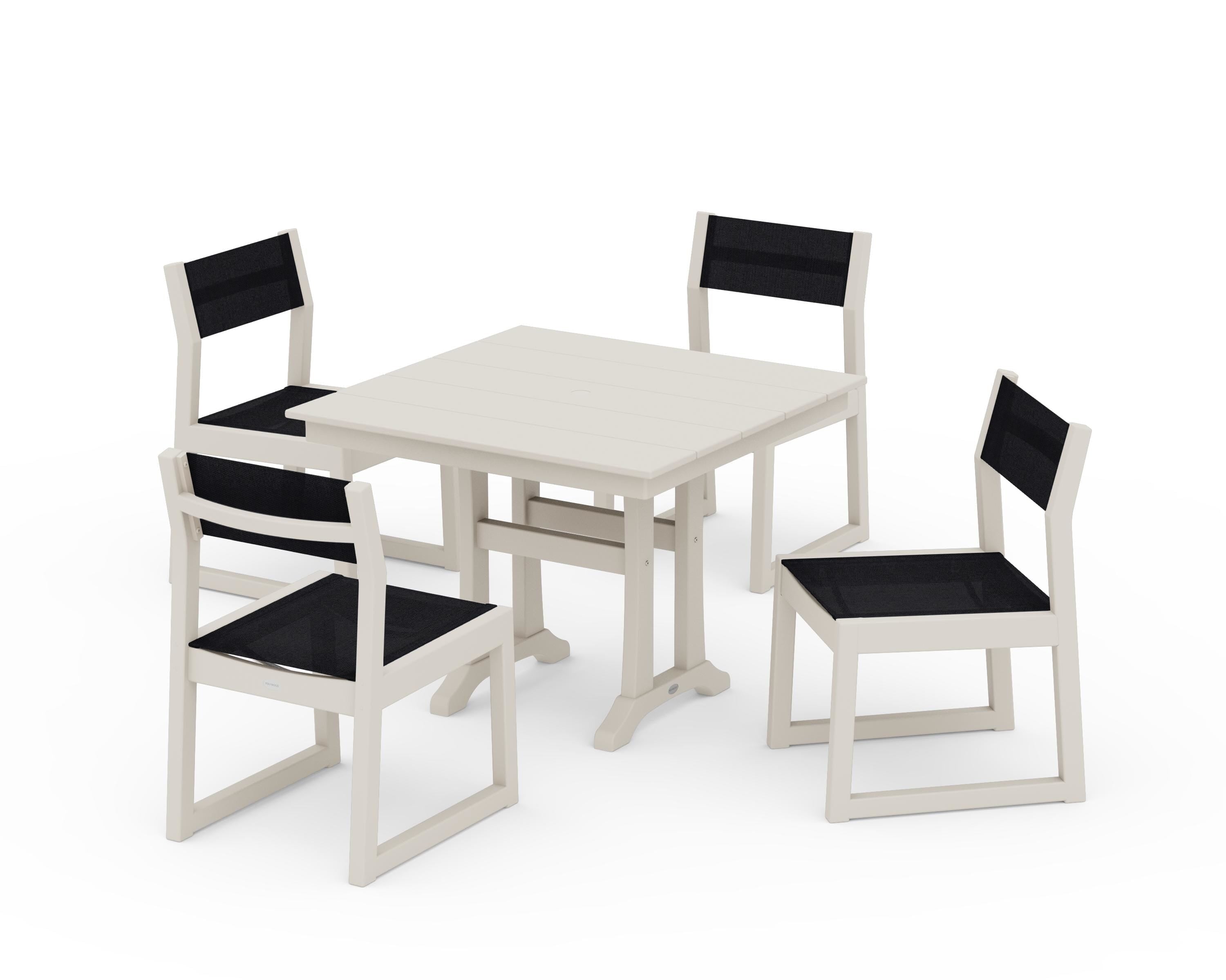 POLYWOOD® EDGE Sling 5-Piece Farmhouse Trestle Side Chair Dining Set in Sand / Black Sling