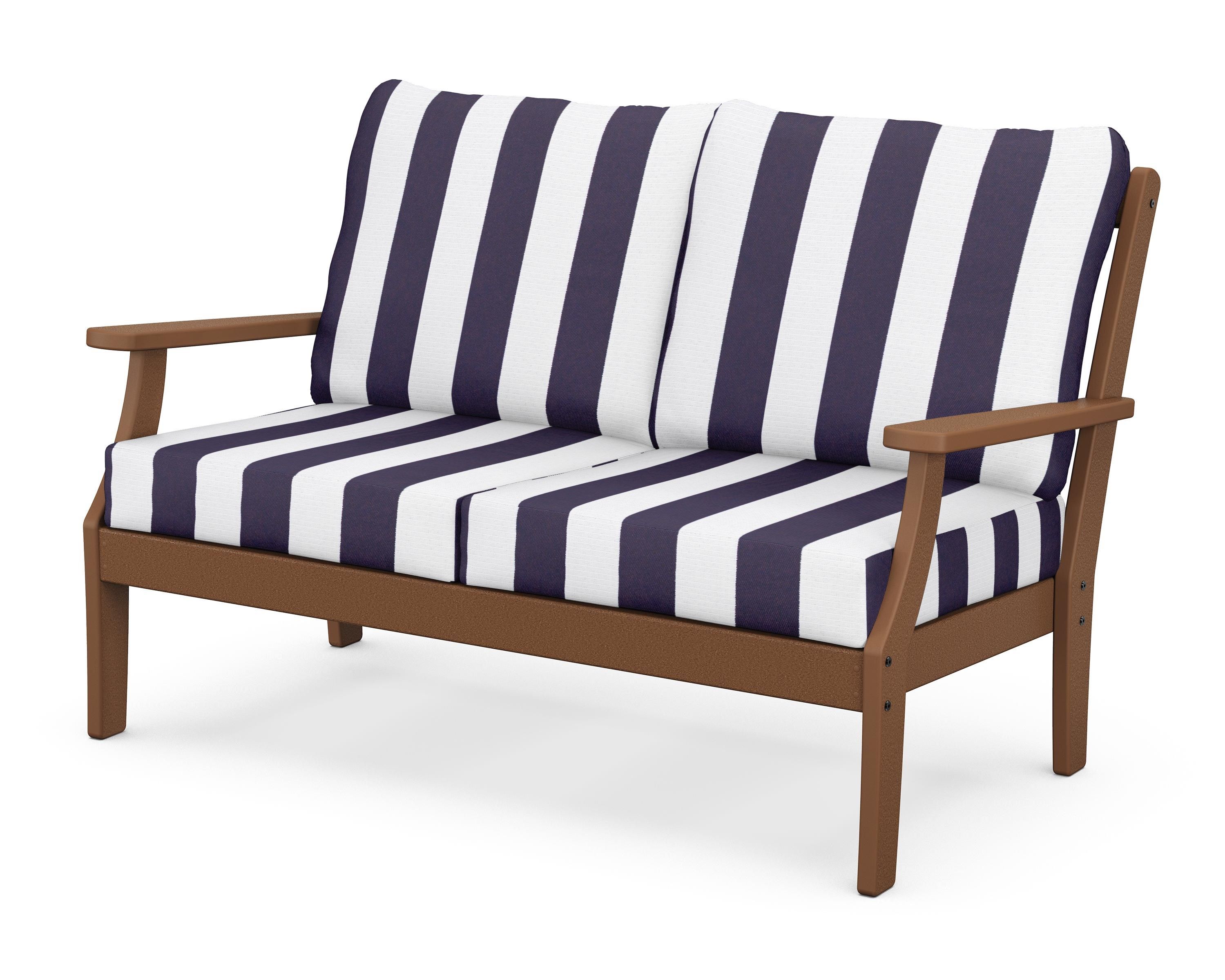POLYWOOD® Braxton Deep Seating Loveseat in Teak / Cabana Stripe Navy
