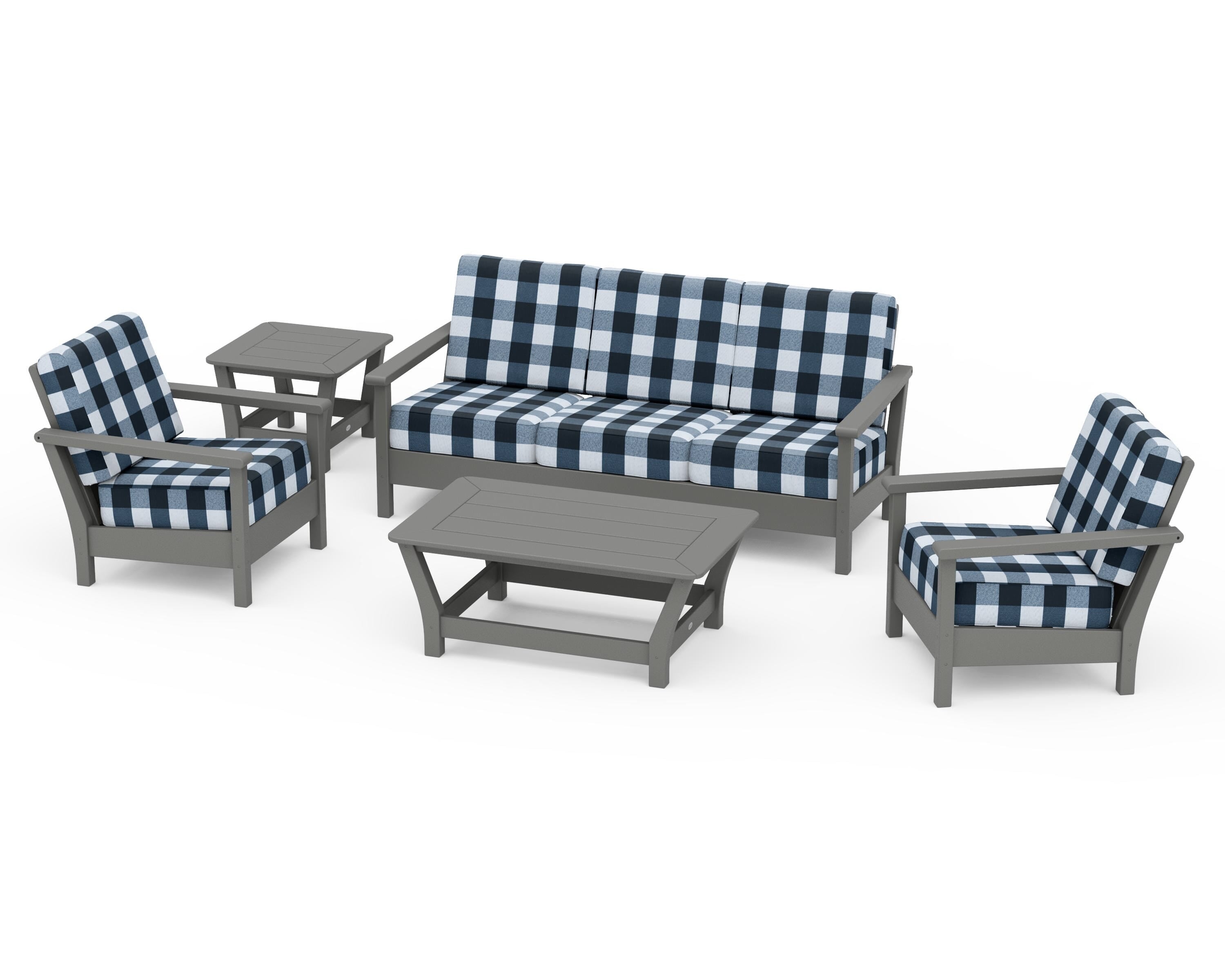POLYWOOD® Harbour 5-Piece Deep Seating Set in Slate Grey / Buffalo Plaid Marine Indigo