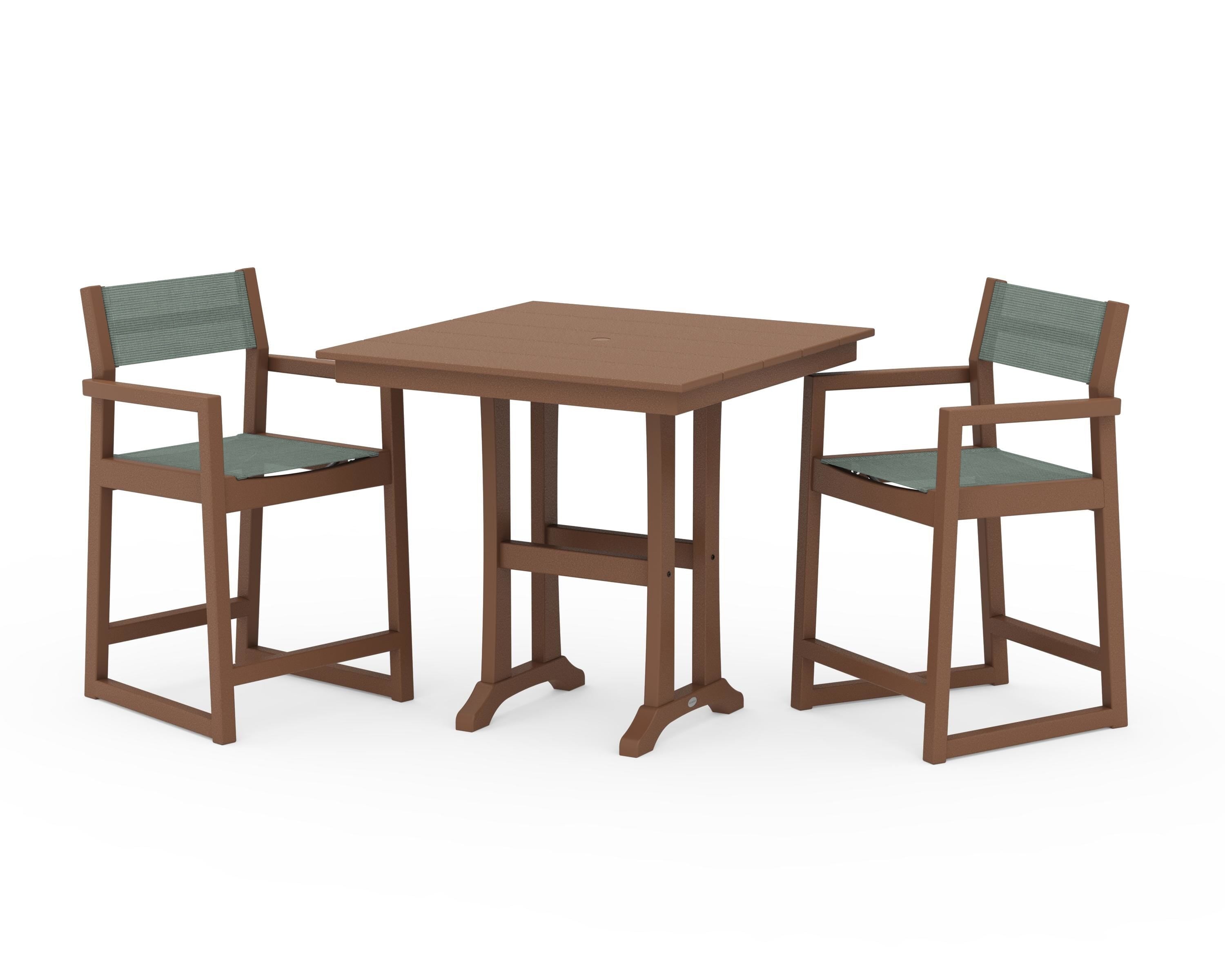 POLYWOOD® EDGE Sling Arm Chair 3-Piece Farmhouse Counter Set with Trestle Legs in Teak / Dupioni Sea Mist Sling