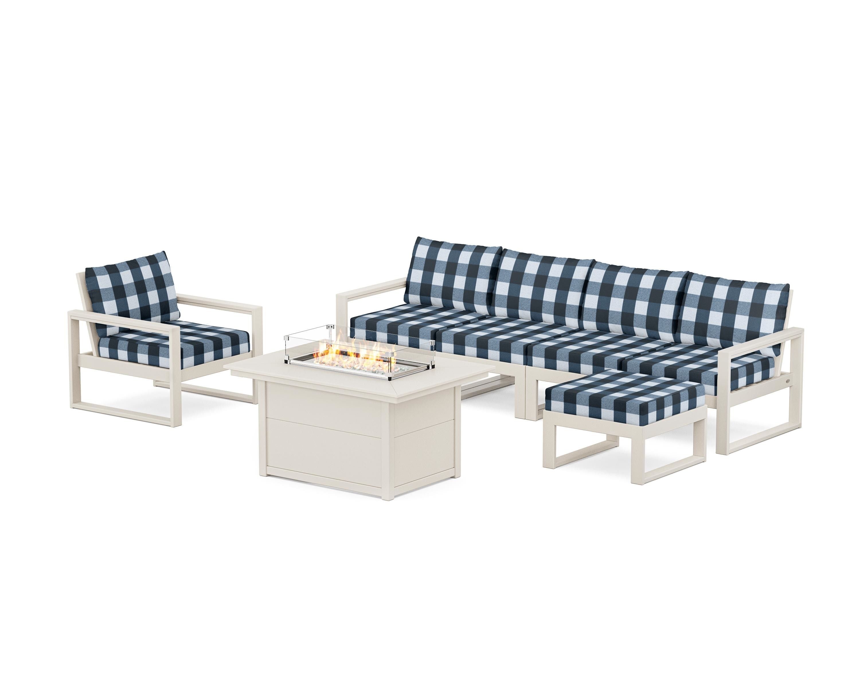 POLYWOOD® EDGE Sectional Lounge and Fire Pit Set in Sand / Buffalo Plaid Marine Indigo