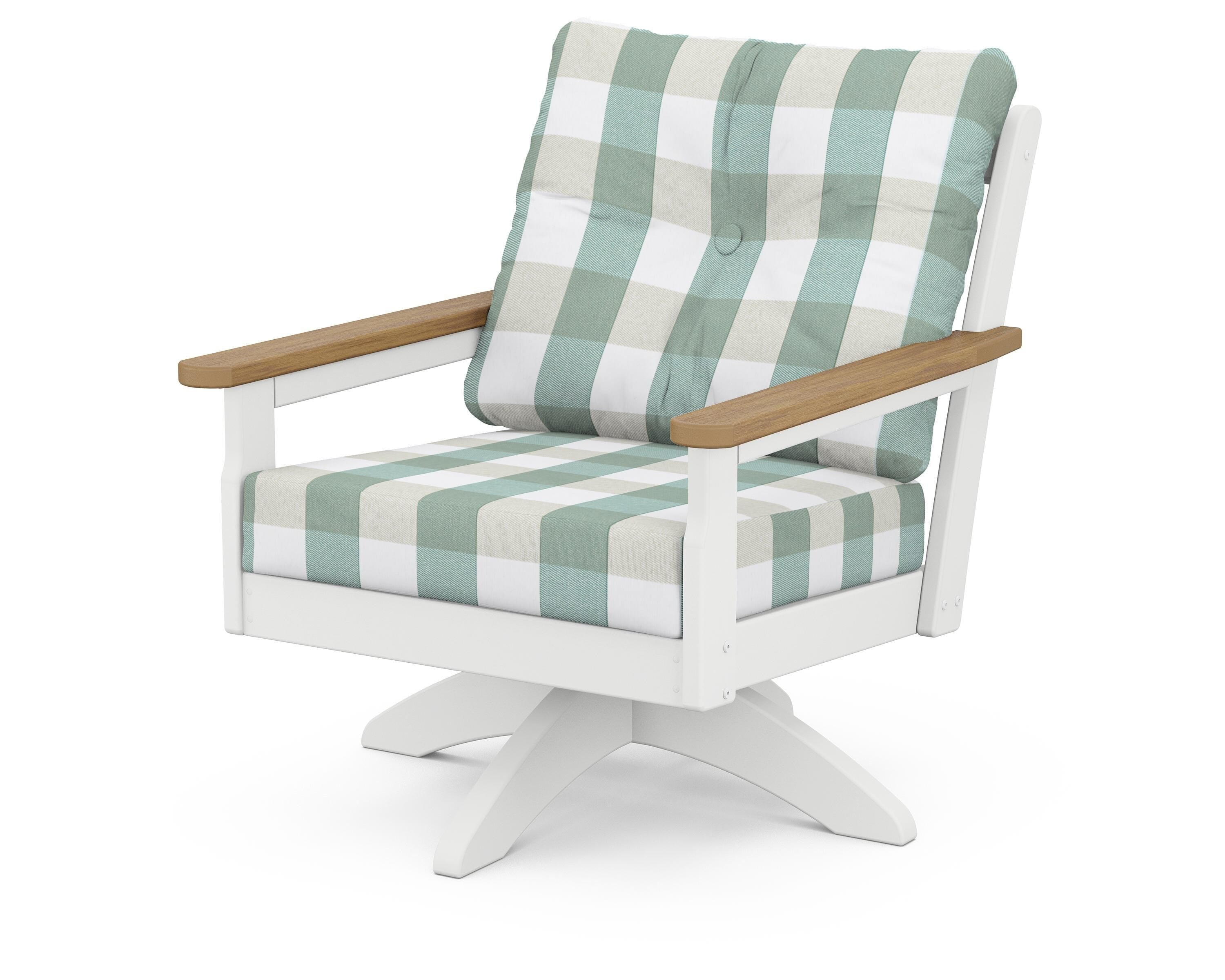 POLYWOOD® Vineyard Deep Seating Swivel Chair in White / Natural / Buffalo Plaid Glacier Spa