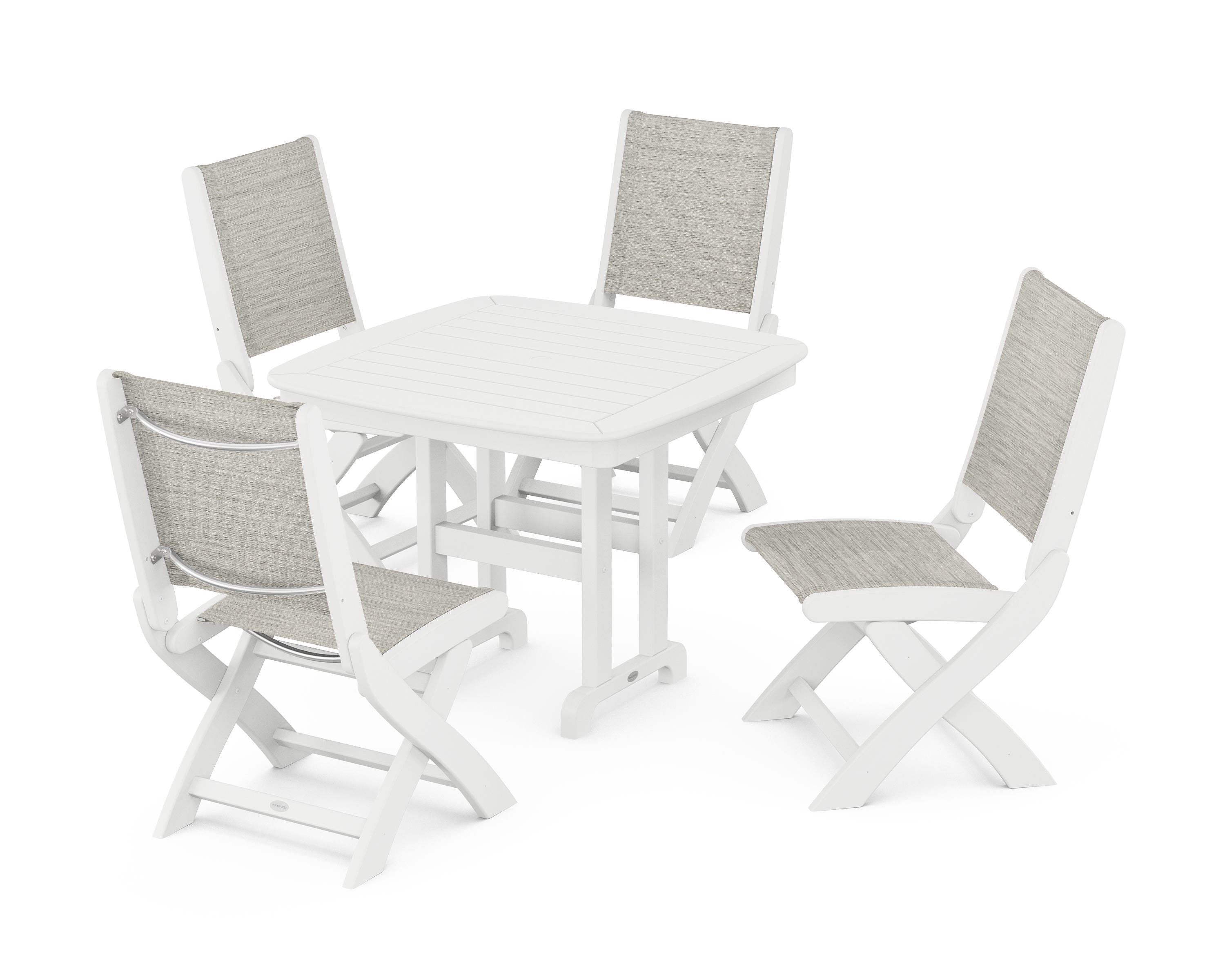 POLYWOOD® Coastal Folding Side Chair 5-Piece Dining Set in White / Birch Sling