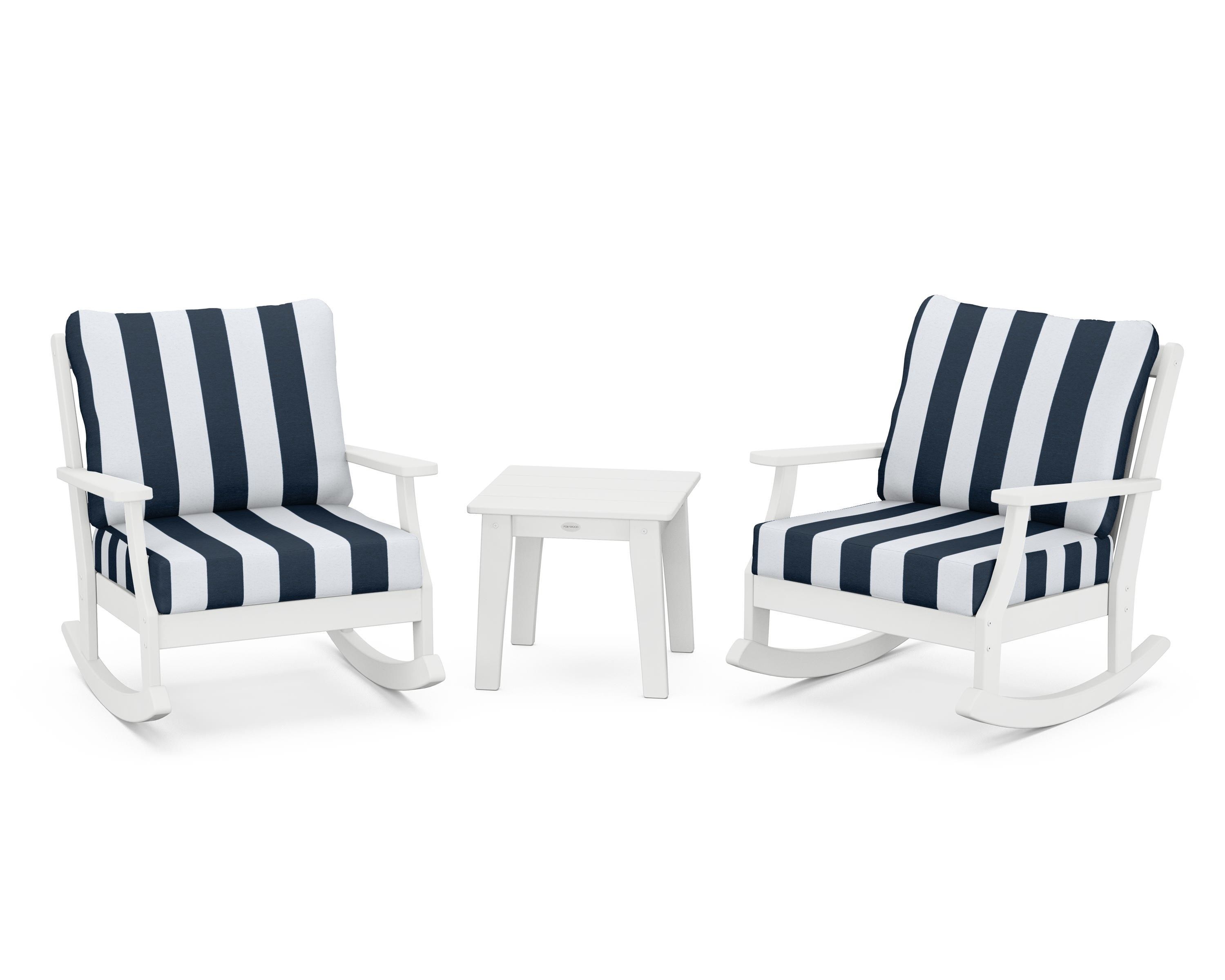 POLYWOOD® Braxton 3-Piece Deep Seating Rocker Set in White / Cabana Stripe Marine Indigo