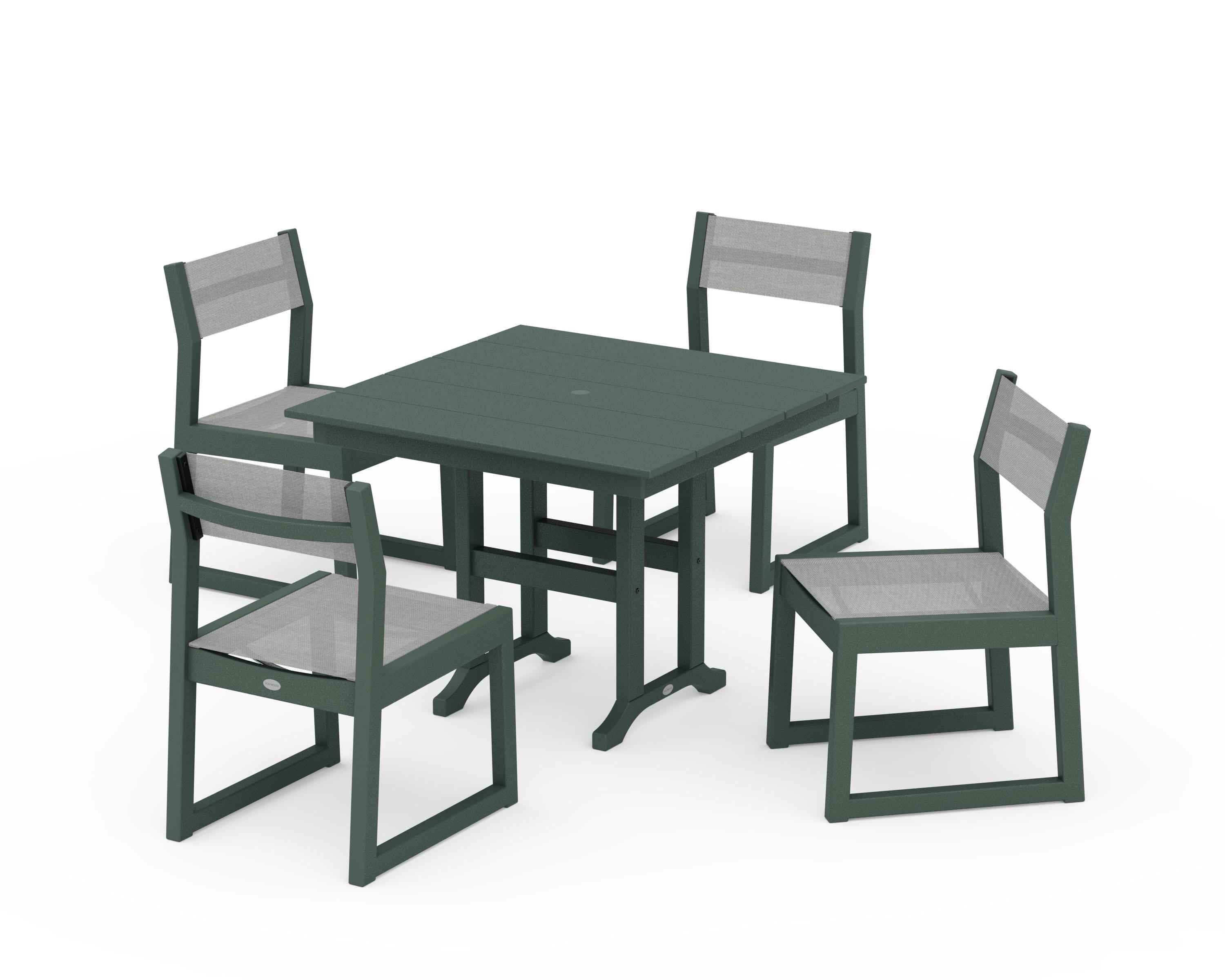 POLYWOOD® EDGE Sling Side Chair 5-Piece Farmhouse Dining Set in Green / Metallic Sling