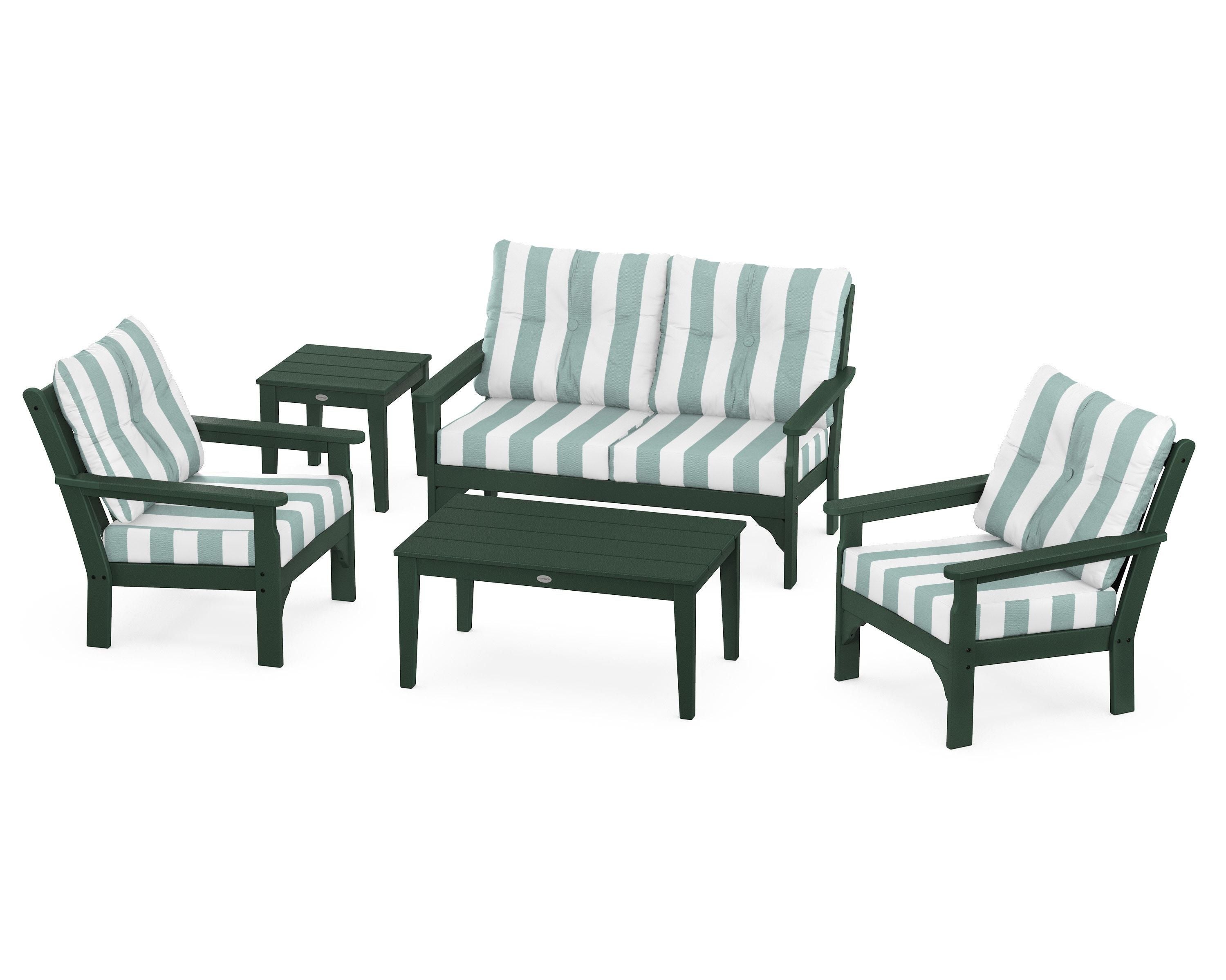 POLYWOOD® Vineyard 5-Piece Deep Seating Set in Green / Cabana Stripe Glacier Spa