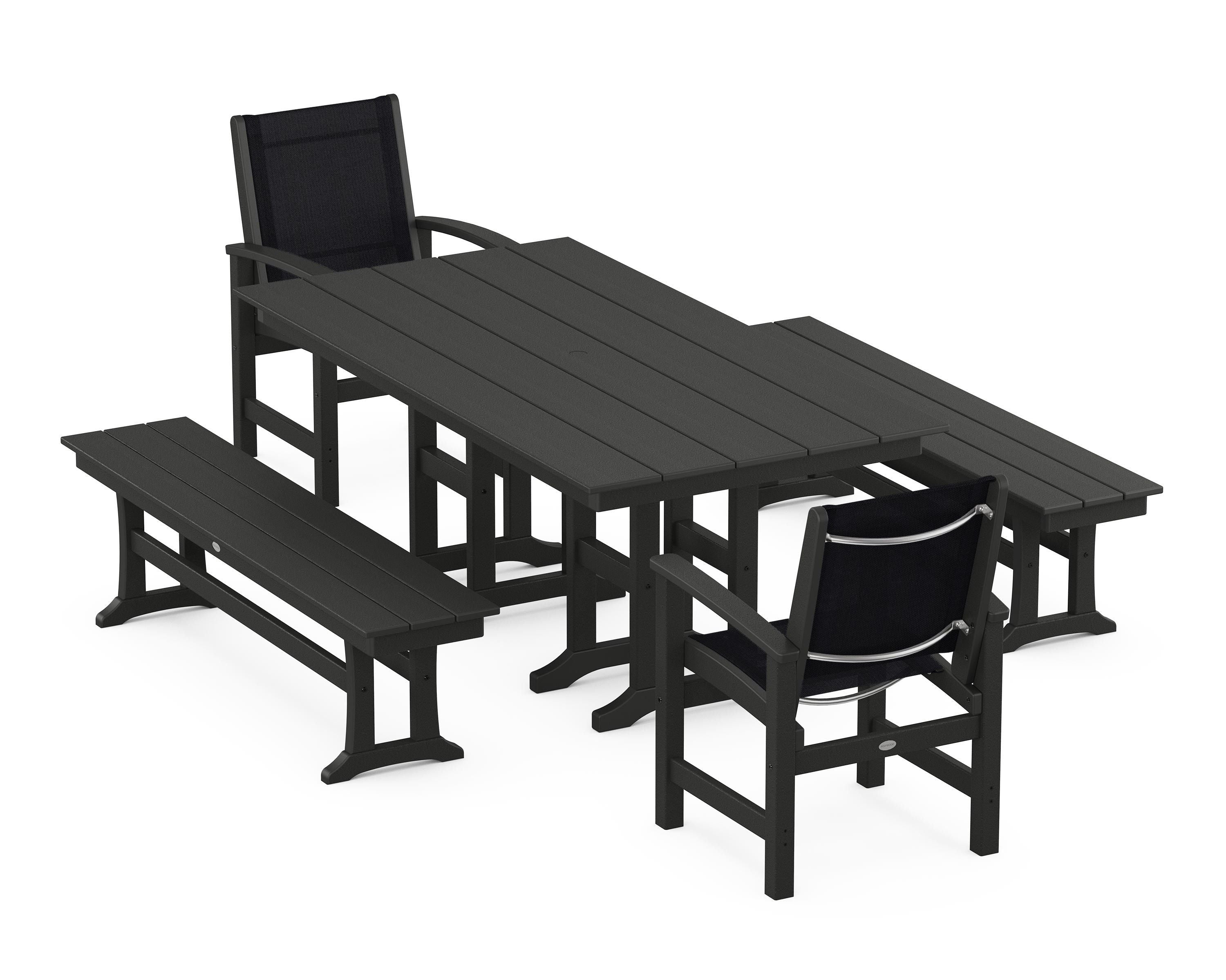 POLYWOOD® Coastal 5-Piece Farmhouse Dining Set in Black / Black Sling
