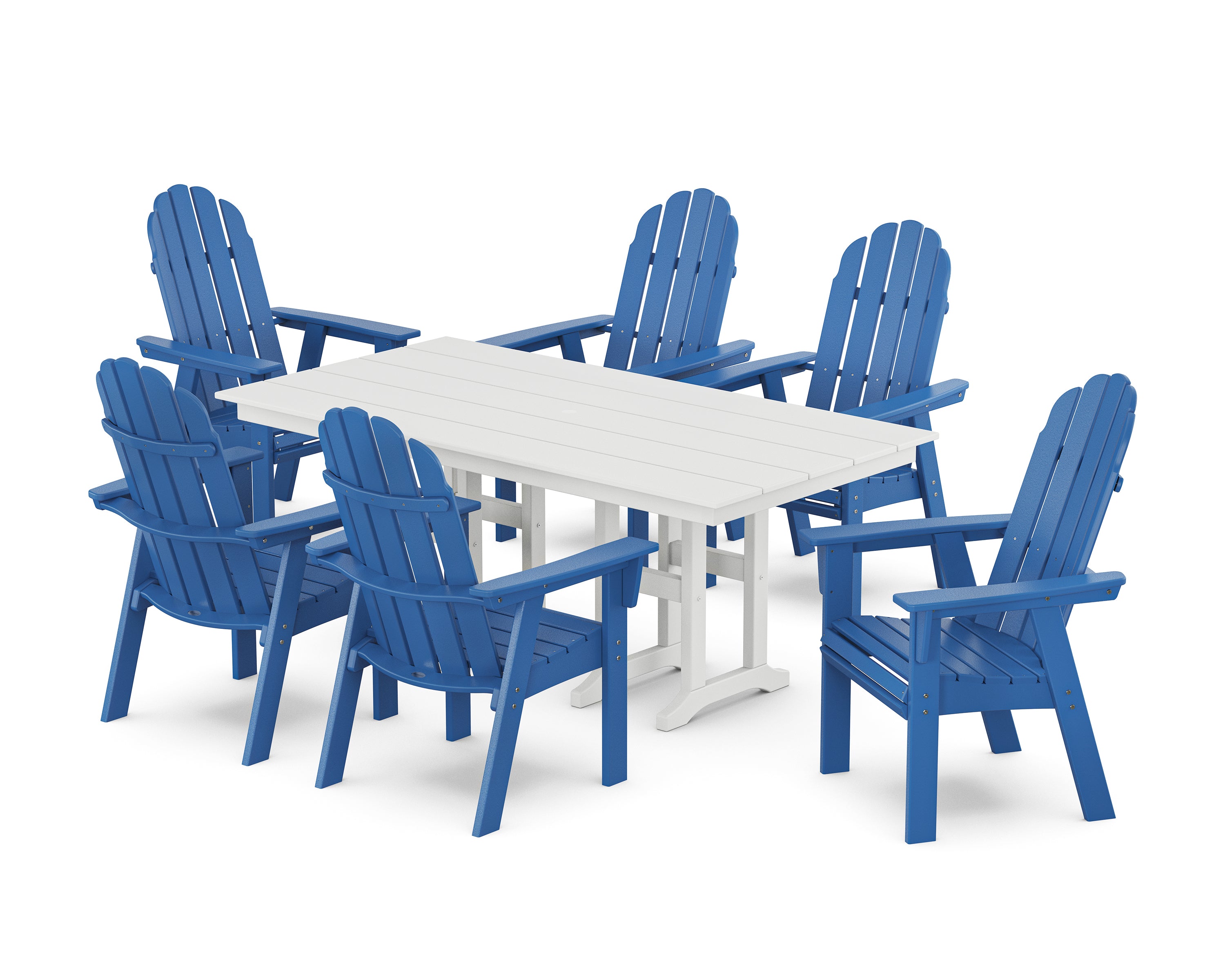 POLYWOOD® Vineyard Curveback Adirondack Chair 7-Piece Farmhouse Dining Set in Pacific Blue / White