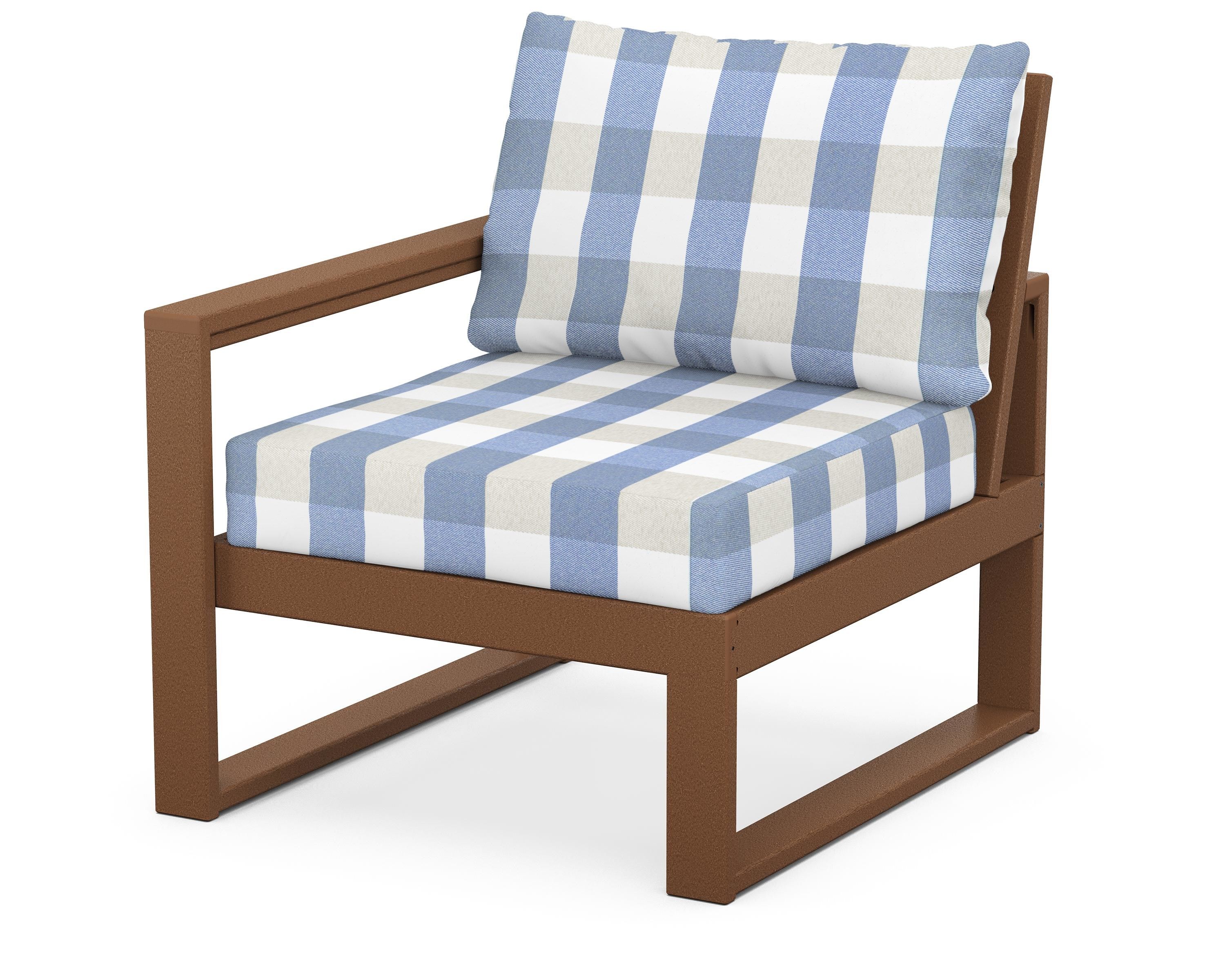 POLYWOOD® EDGE Modular Left Arm Chair in Teak / Buffalo Plaid Sky Blue