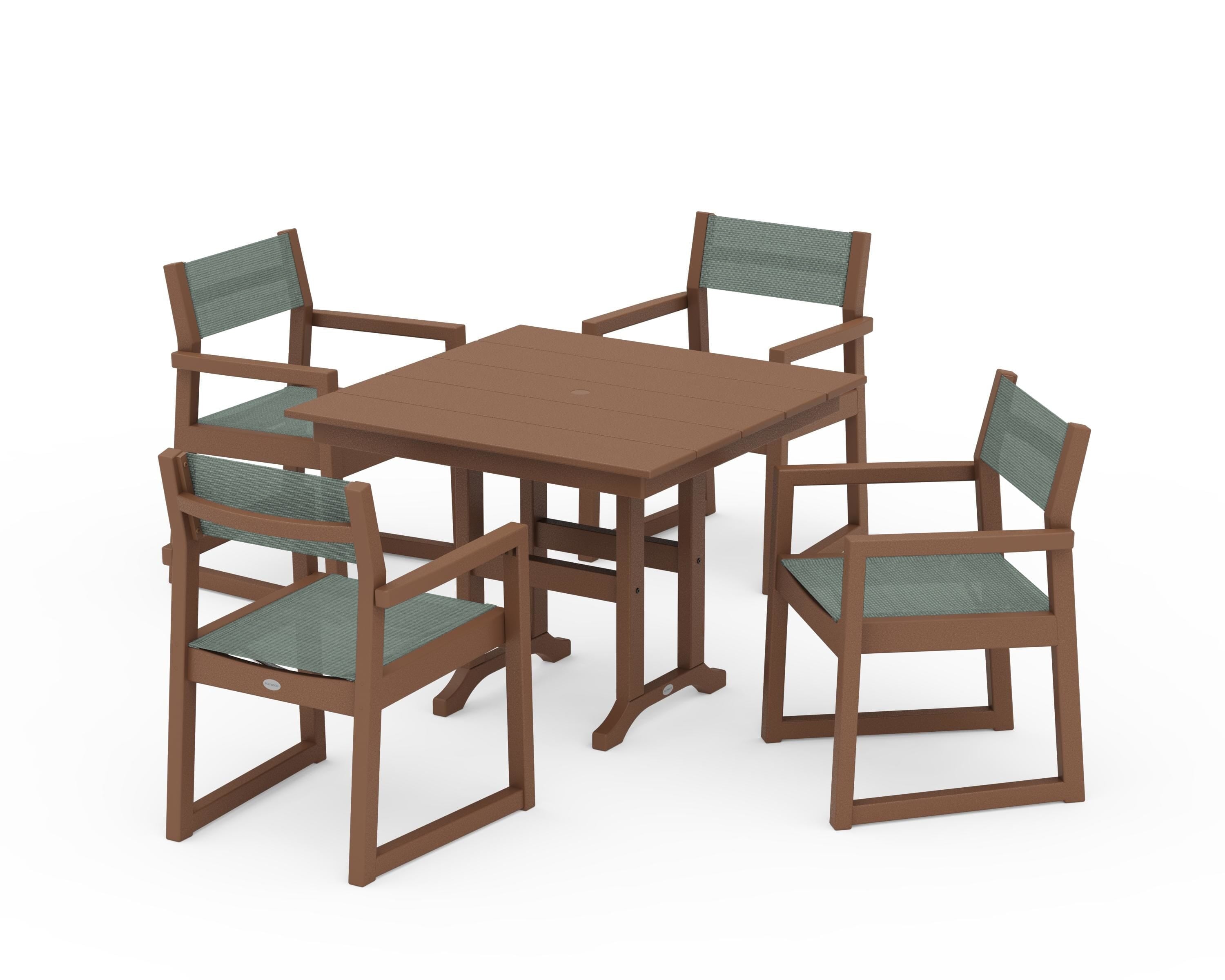 POLYWOOD® EDGE Sling Arm Chair 5-Piece Farmhouse Dining Set in Teak / Dupioni Sea Mist Sling