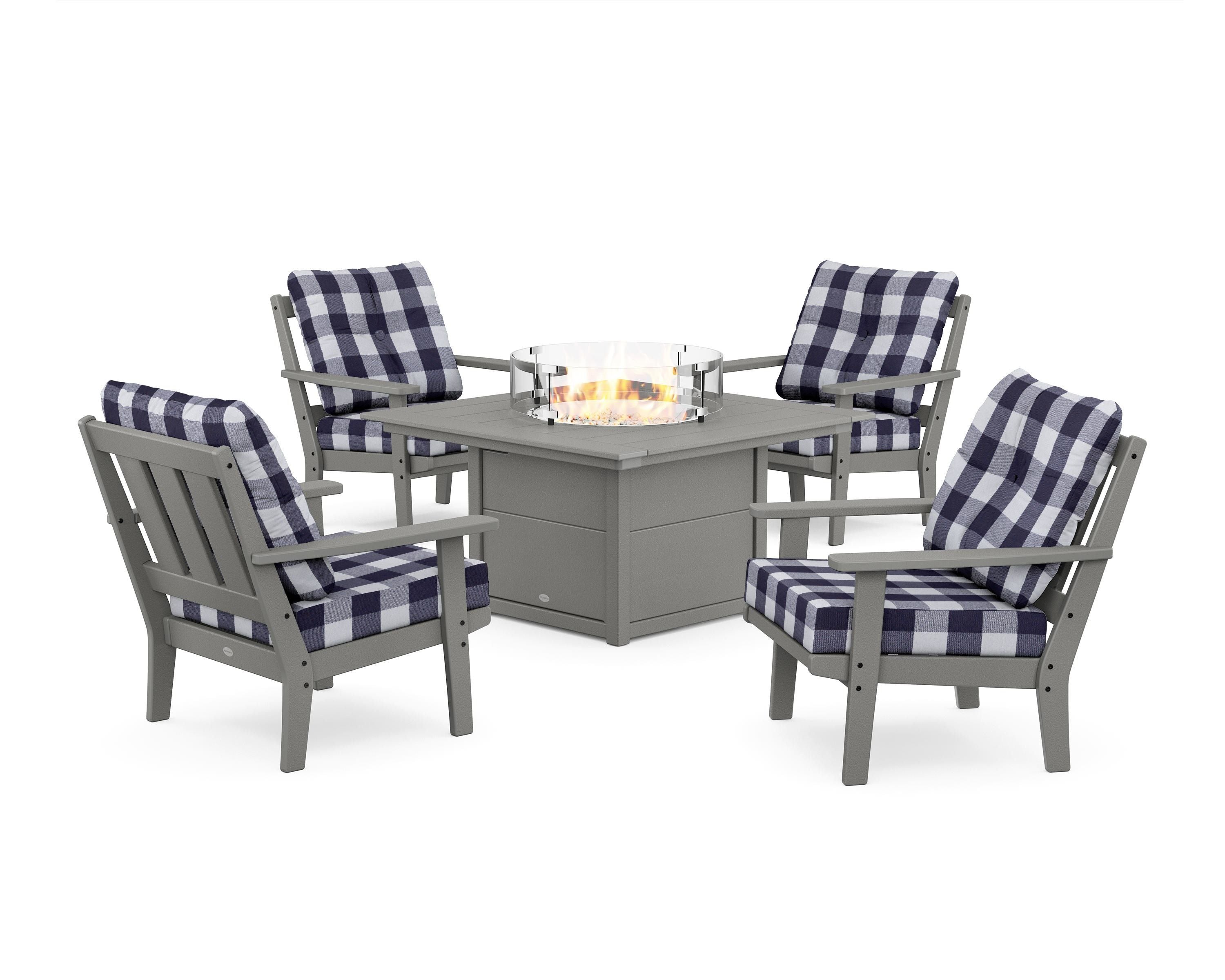 POLYWOOD® Oxford 5-Piece Deep Seating Set with Fire Pit Table in Slate Grey / Buffalo Plaid Navy