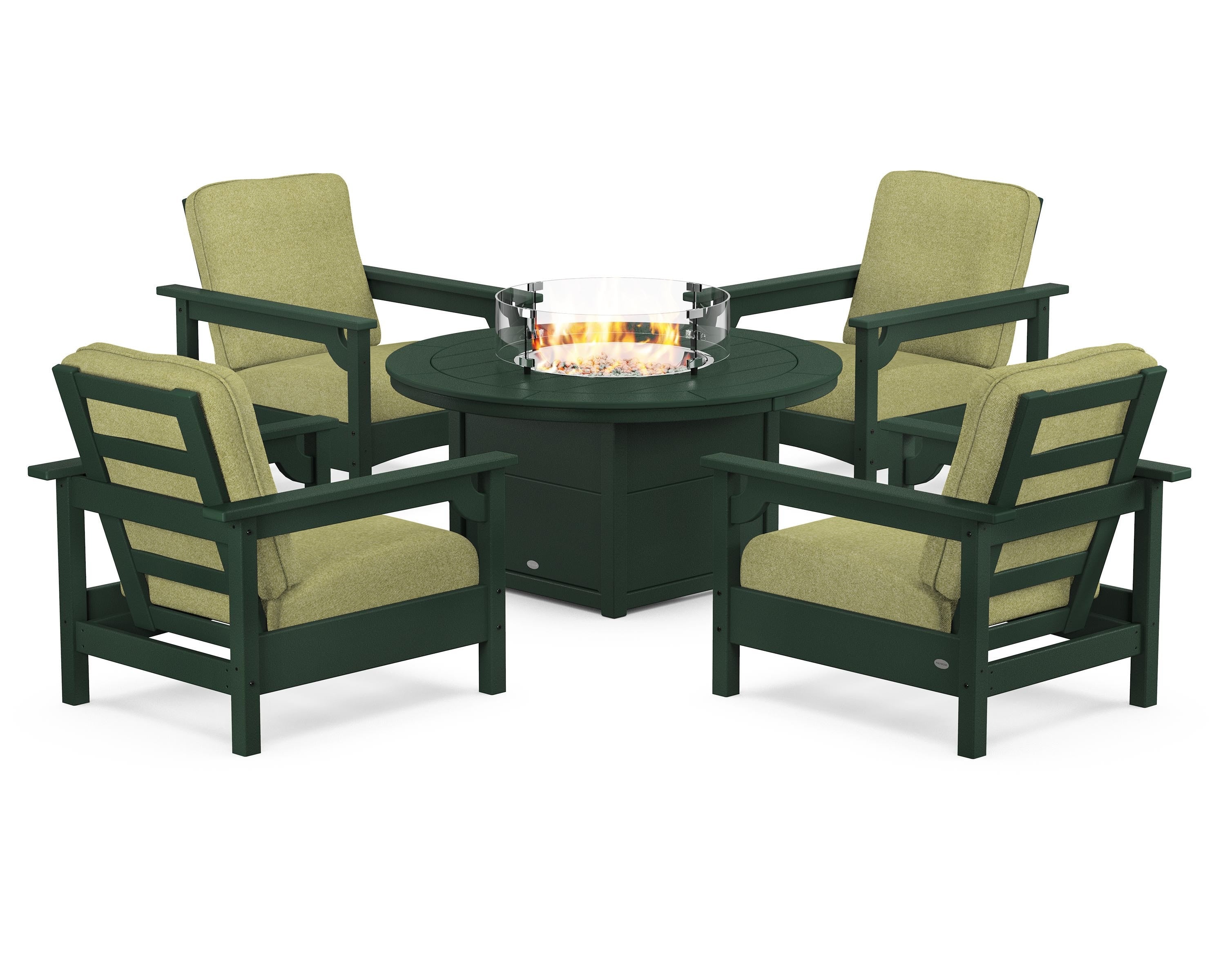 POLYWOOD® Club 5-Piece Conversation Set with Fire Pit Table in Green / Chartreuse Boucle
