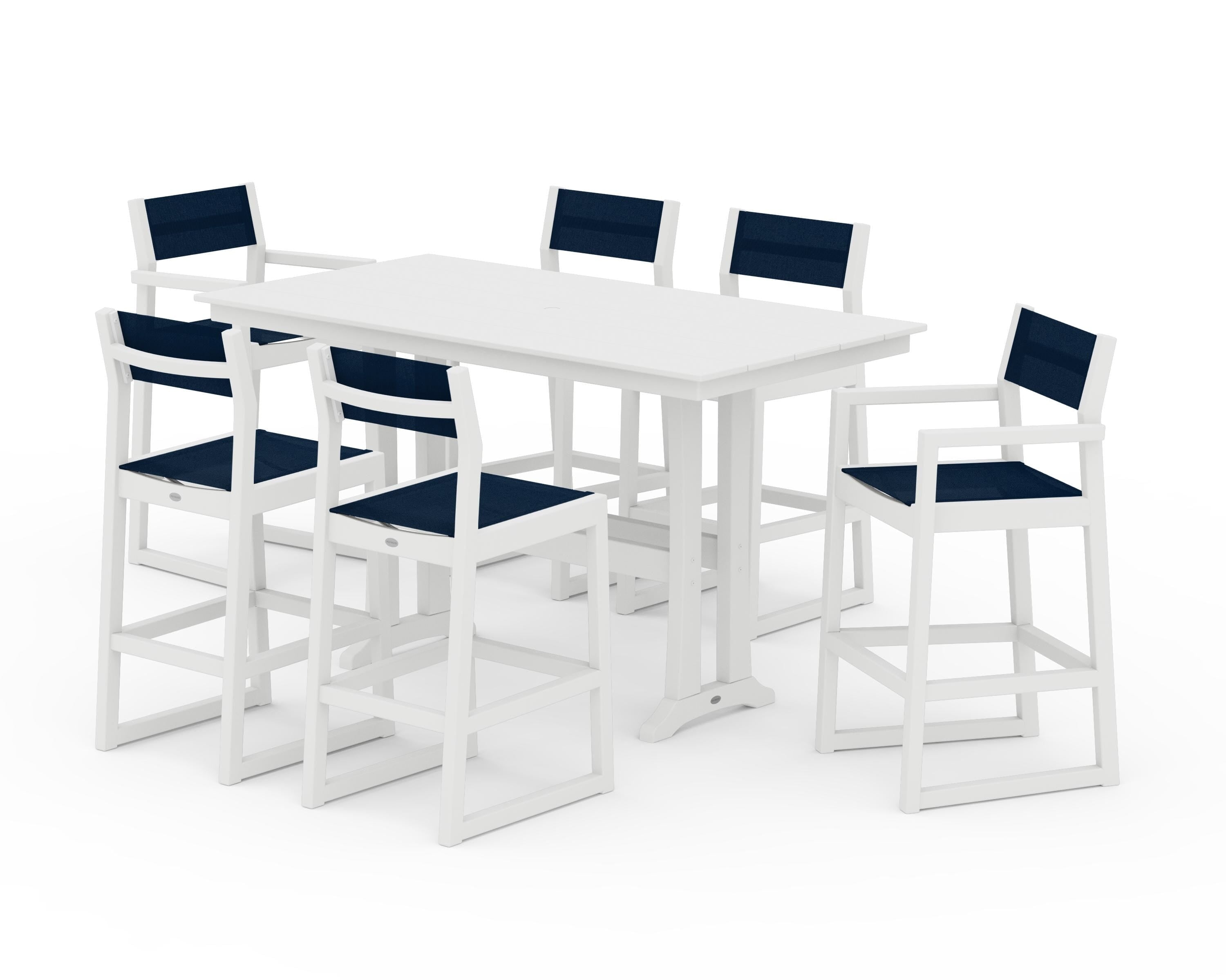 POLYWOOD® EDGE Sling 7-Piece Farmhouse Bar Set with Trestle Legs in White / Navy Blue Sling