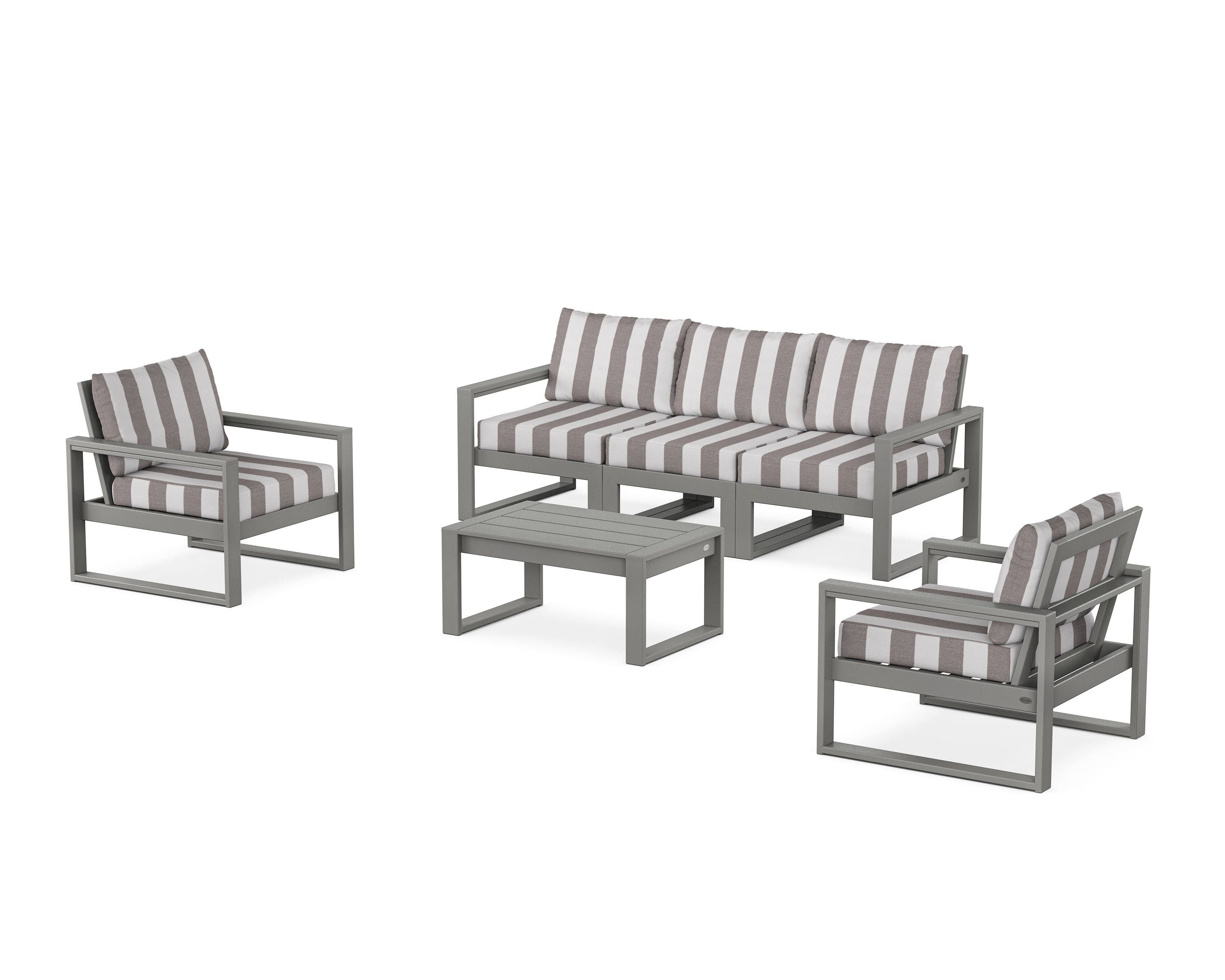 POLYWOOD® EDGE Sectional 4-Piece Deep Seating Set with Sofa in Slate Grey / Cabana Stripe Grey Mist