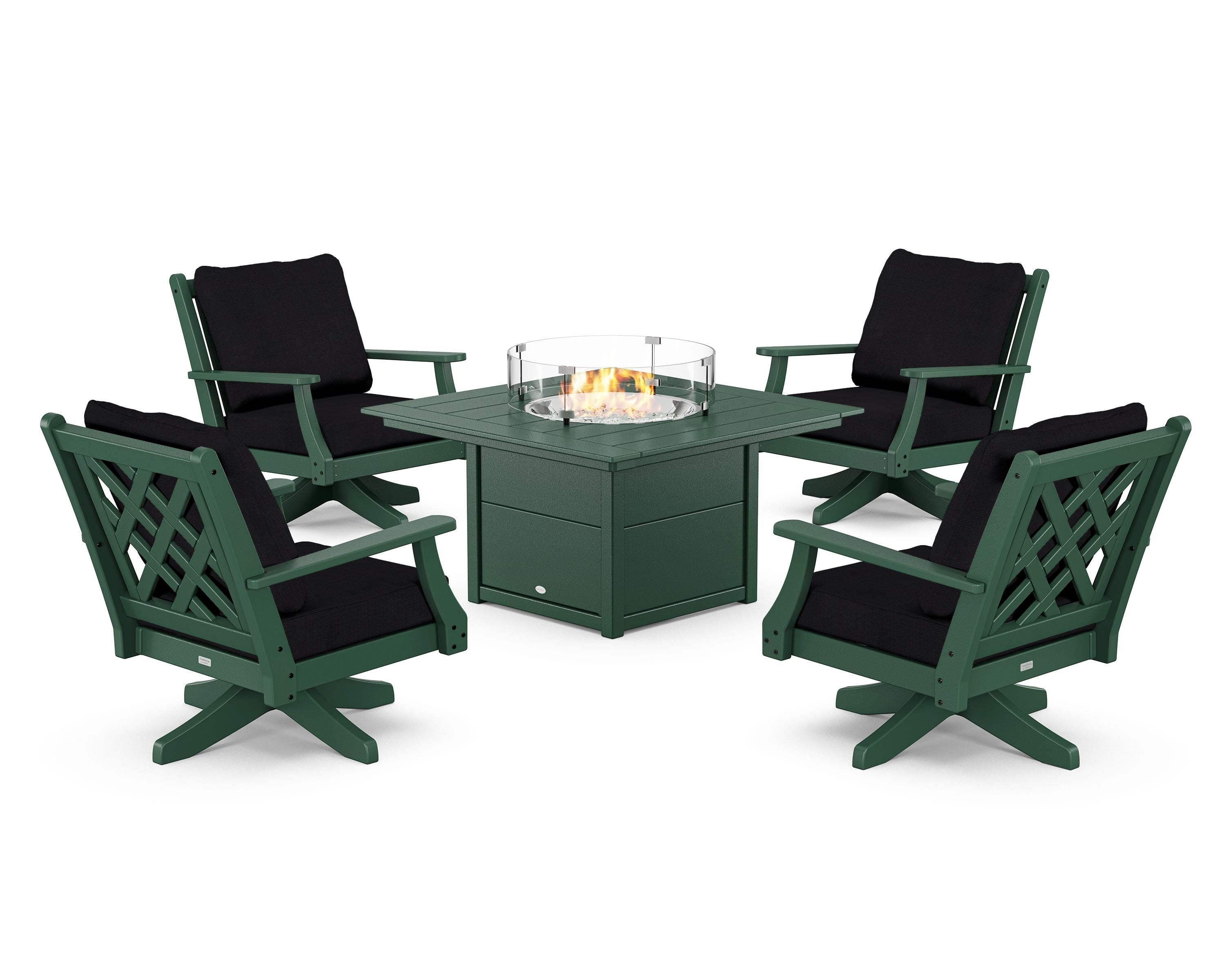 Country Living Wovendale 5-Piece Deep Seating Swivel Conversation Set with Fire Pit Table in Green / Midnight Linen