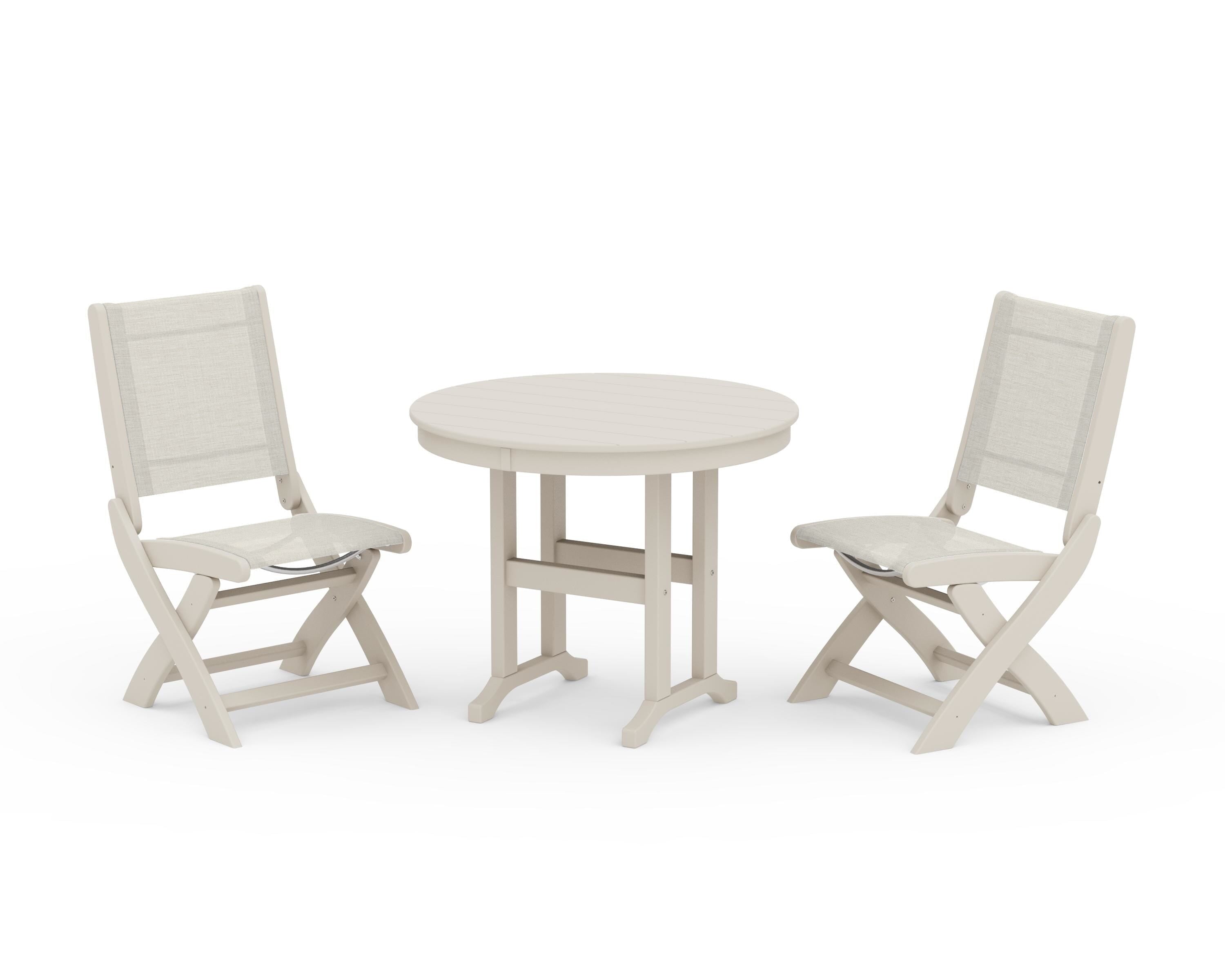 POLYWOOD® Coastal Folding Side Chair 3-Piece Round Dining Set in Sand / Parchment Sling