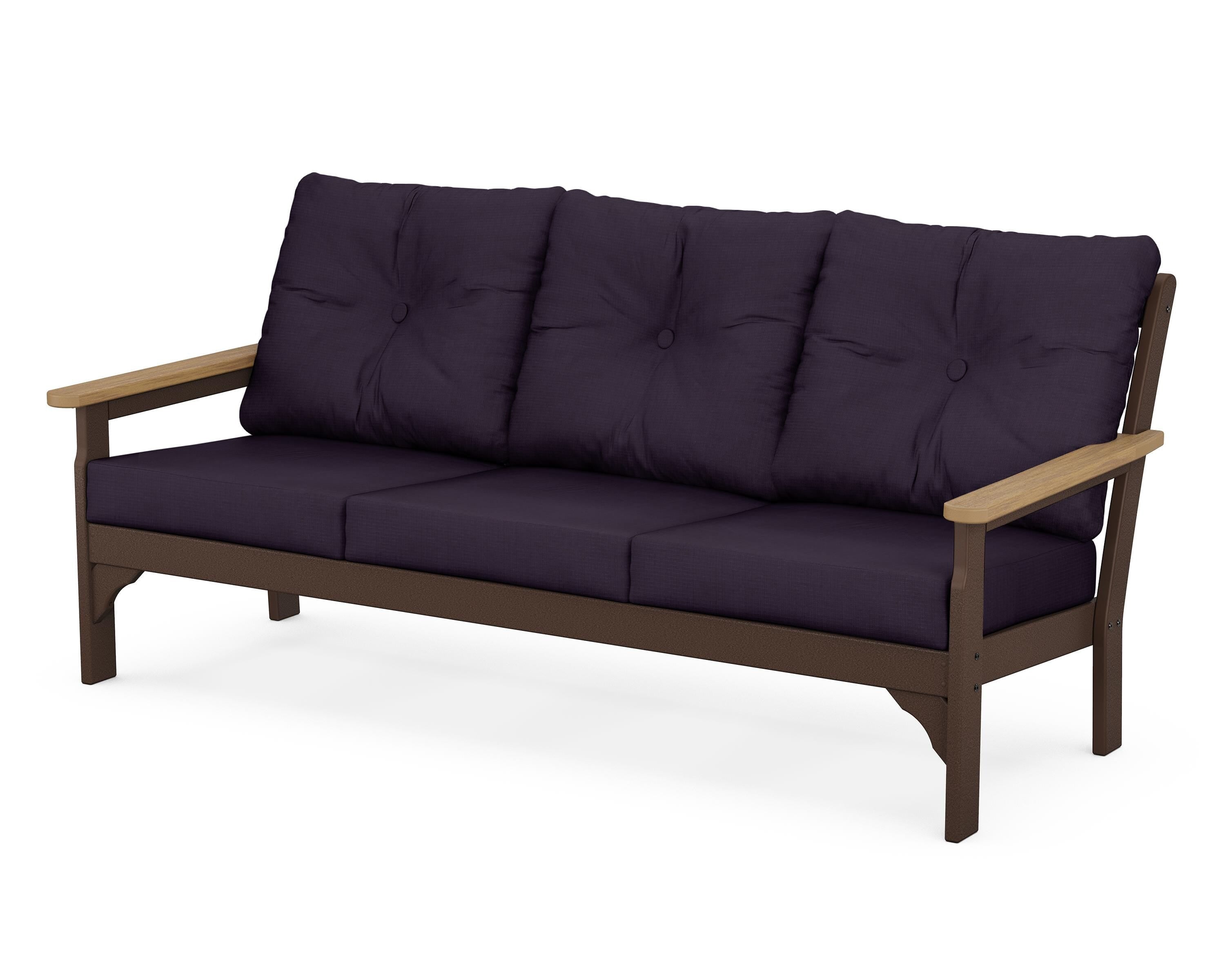 POLYWOOD® Vineyard Deep Seating Sofa in Mahogany / Natural / Navy Linen