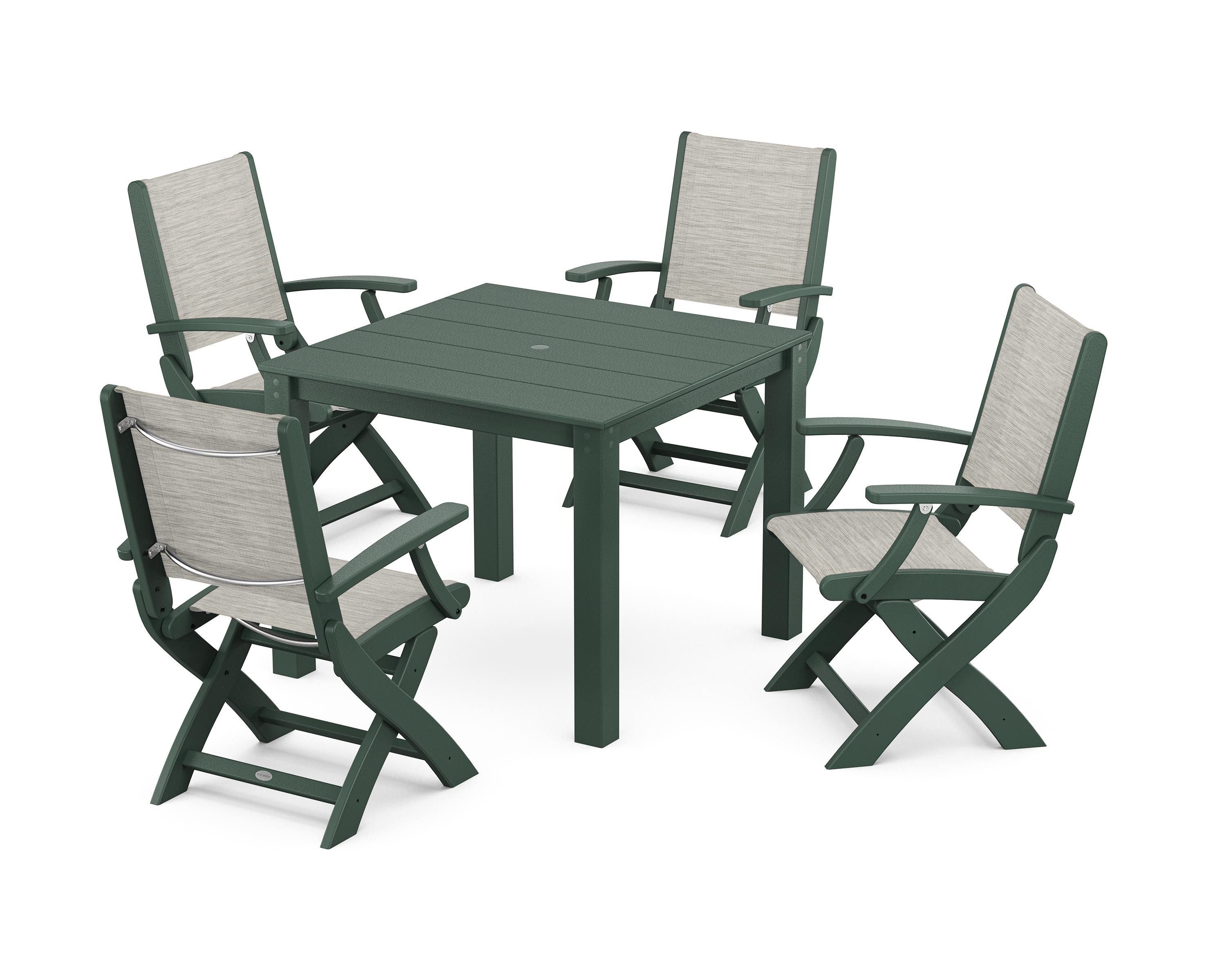 POLYWOOD® Coastal Folding Chair 5-Piece Parsons Dining Set in Green / Birch Sling