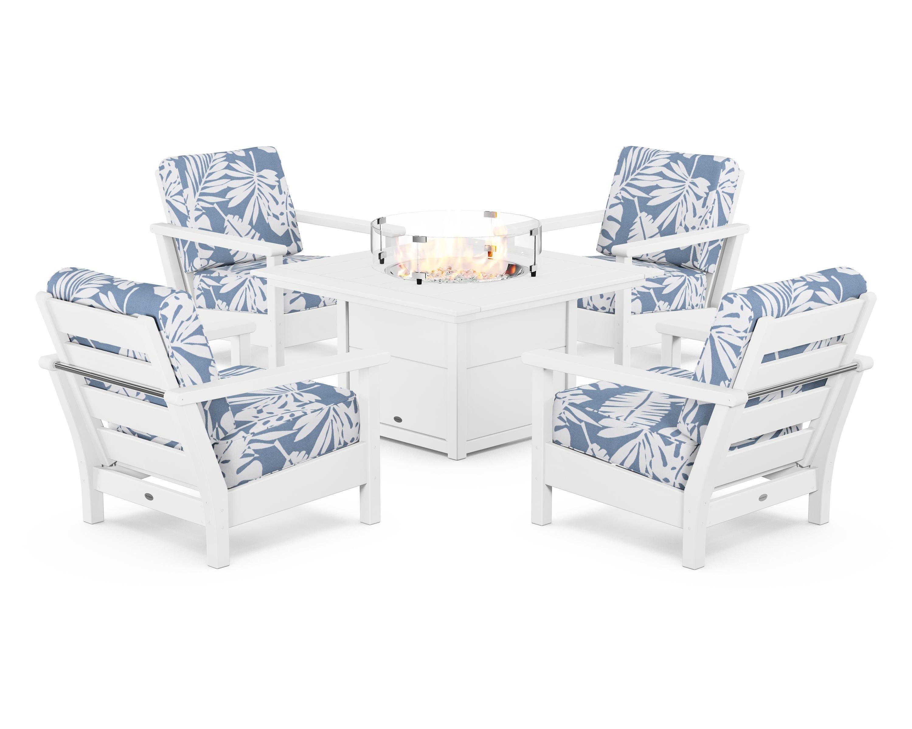 POLYWOOD® Harbour 5-Piece Conversation Set with Fire Pit Table in White / Leaf Sky Blue