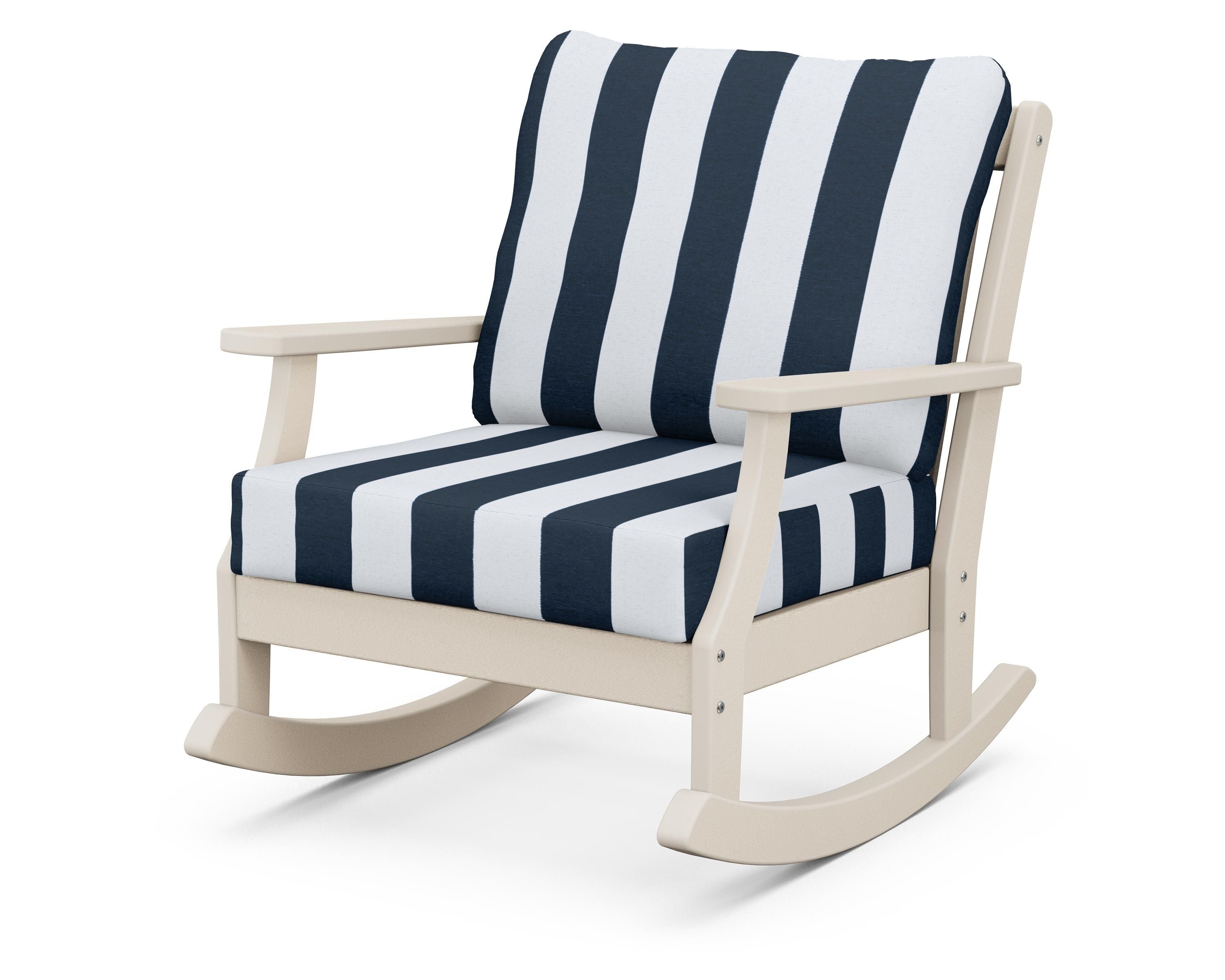 POLYWOOD® Braxton Deep Seating Rocking Chair in Sand / Cabana Stripe Marine Indigo