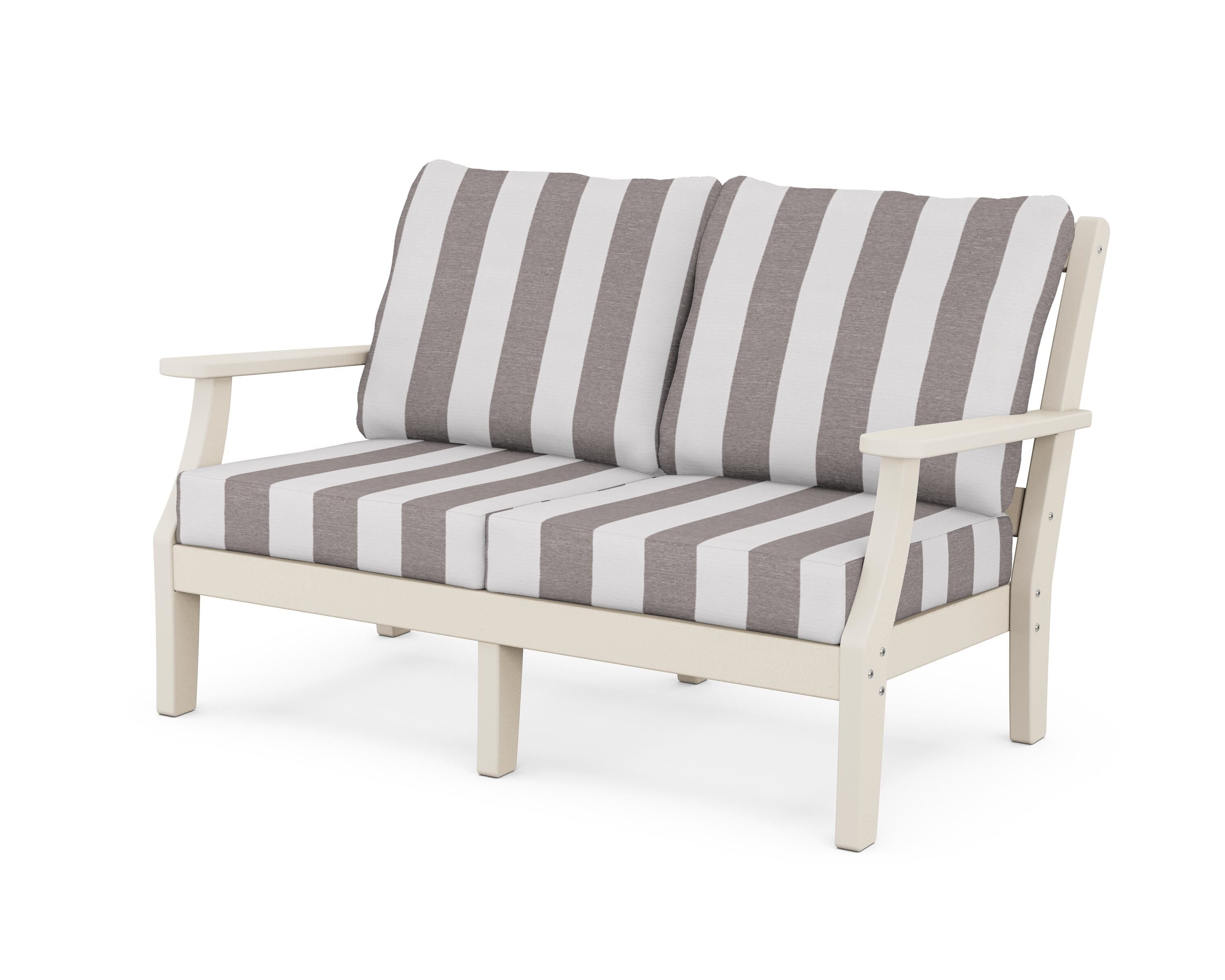 Martha Stewart by POLYWOOD® Chinoiserie Deep Seating Loveseat in Sand / Cabana Stripe Grey Mist