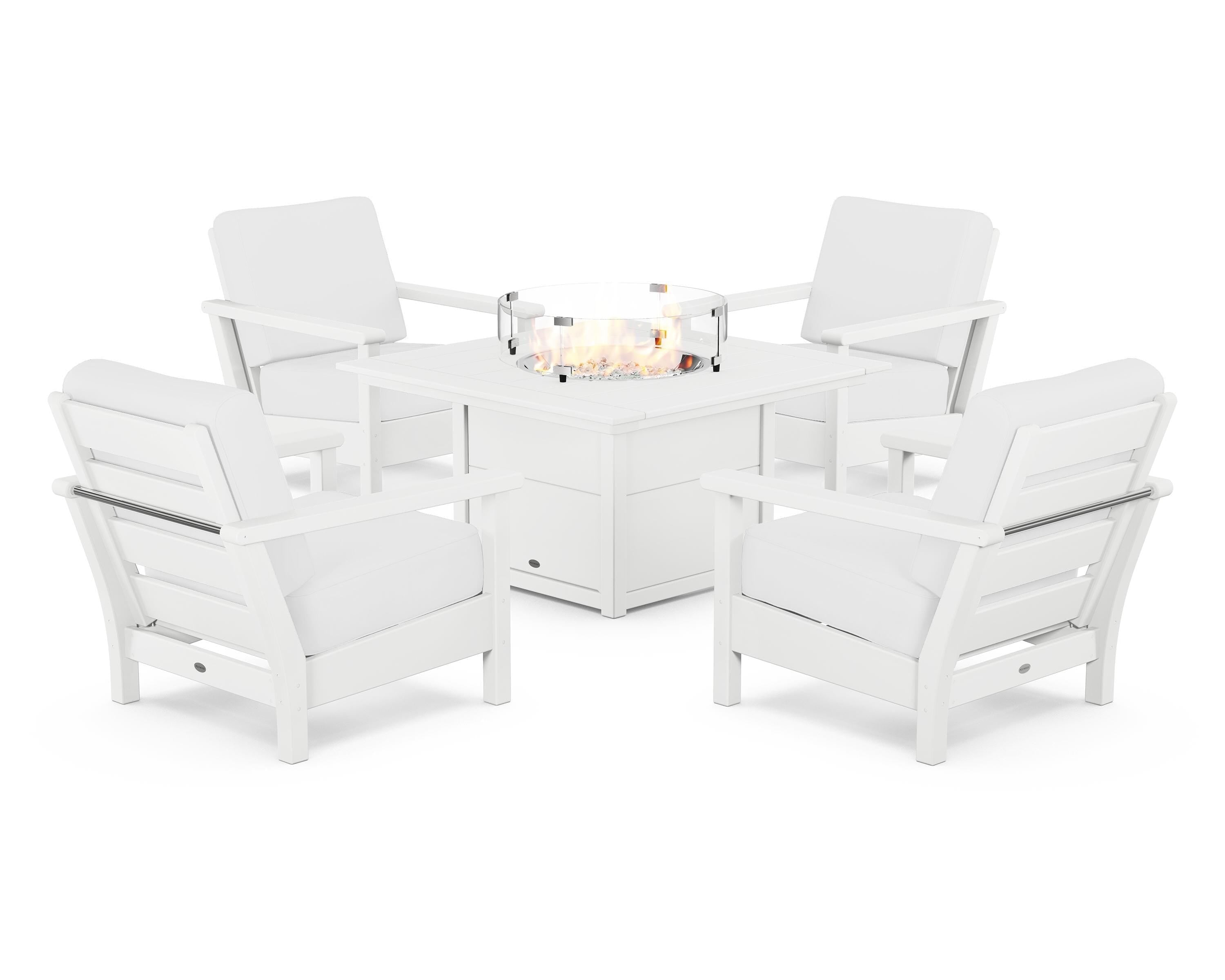 POLYWOOD® Harbour 5-Piece Conversation Set with Fire Pit Table in White / Natural