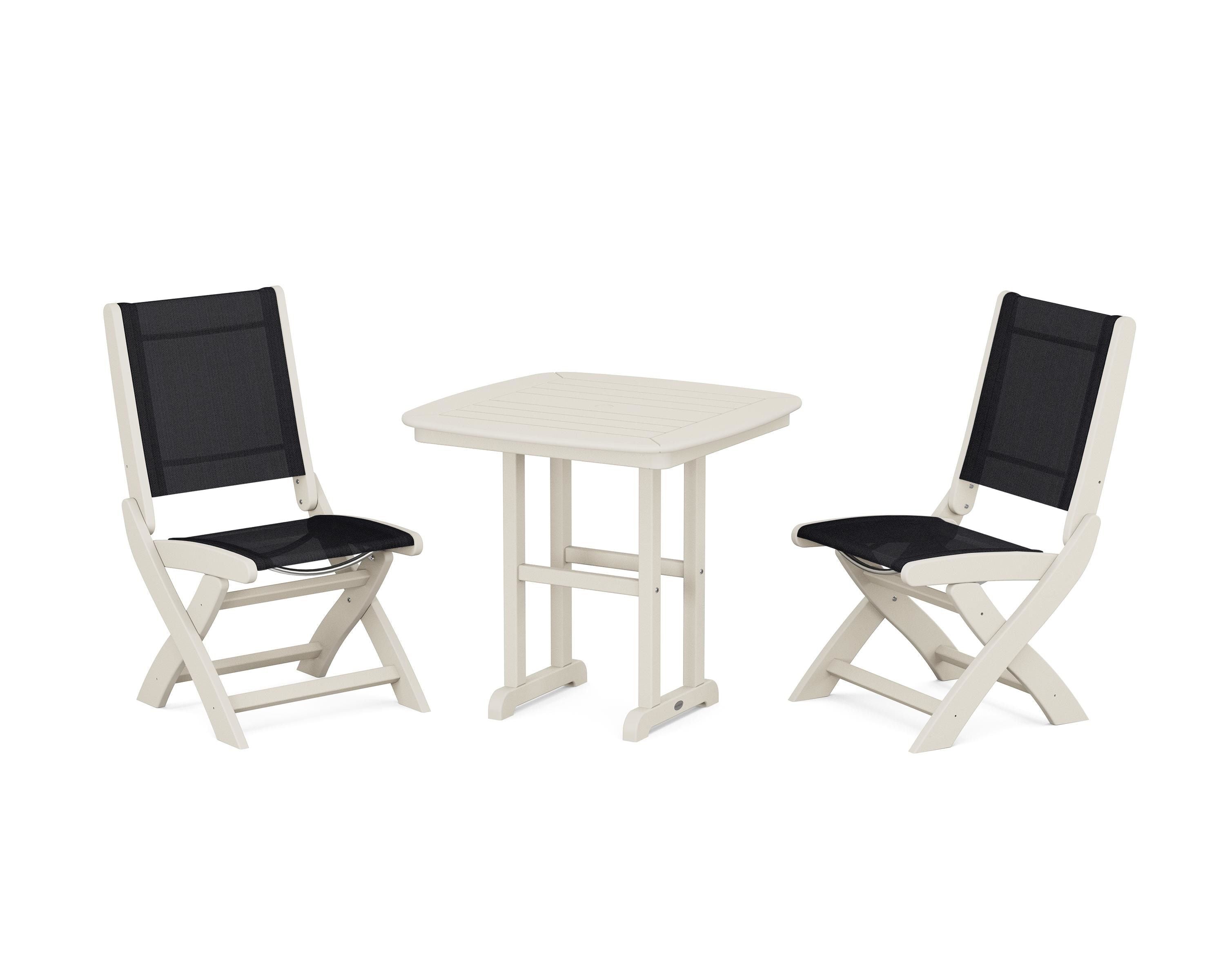 POLYWOOD® Coastal Folding Side Chair 3-Piece Dining Set in Sand / Black Sling