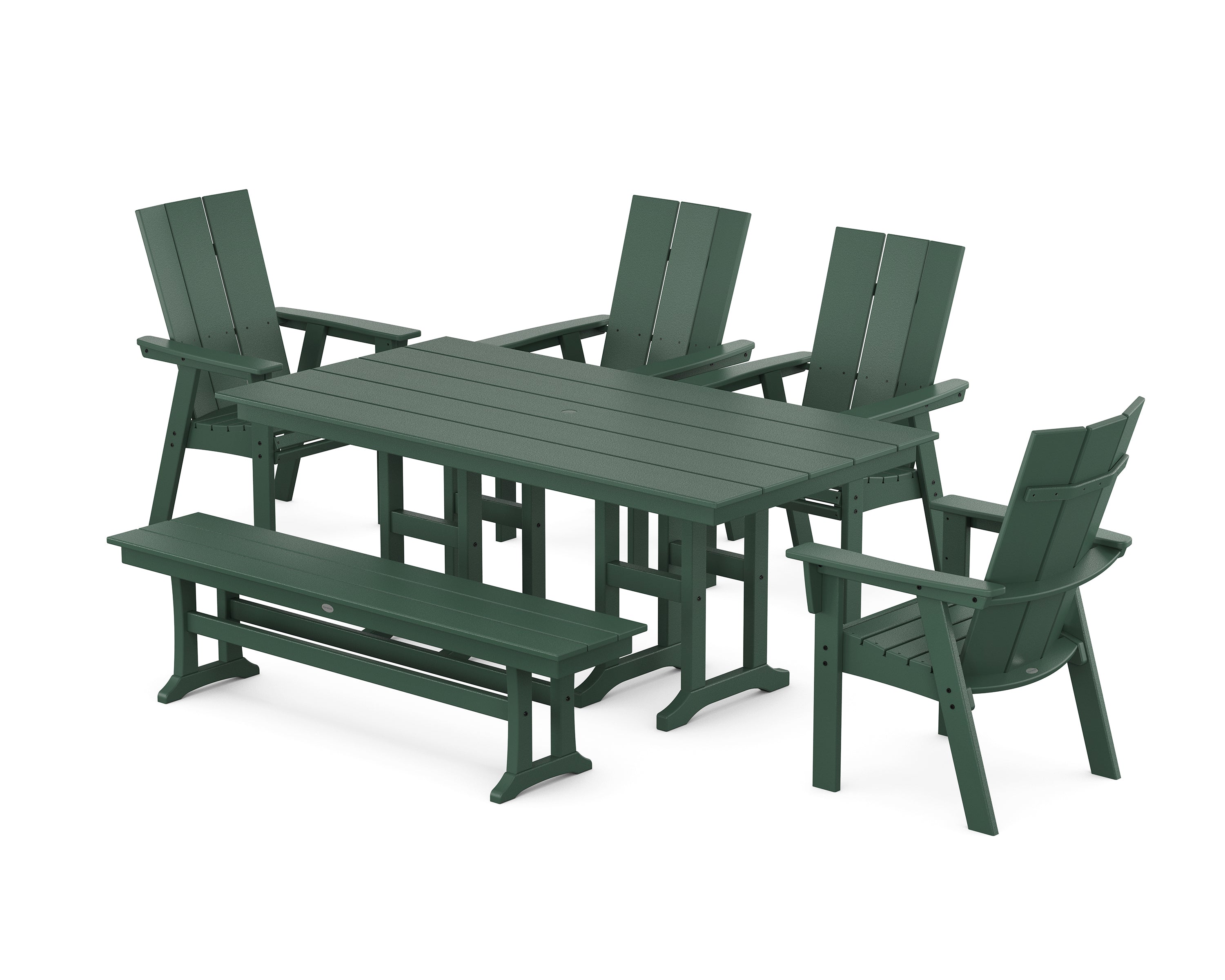 POLYWOOD® Modern Curveback Adirondack 6-Piece Farmhouse Dining Set with Bench in Green