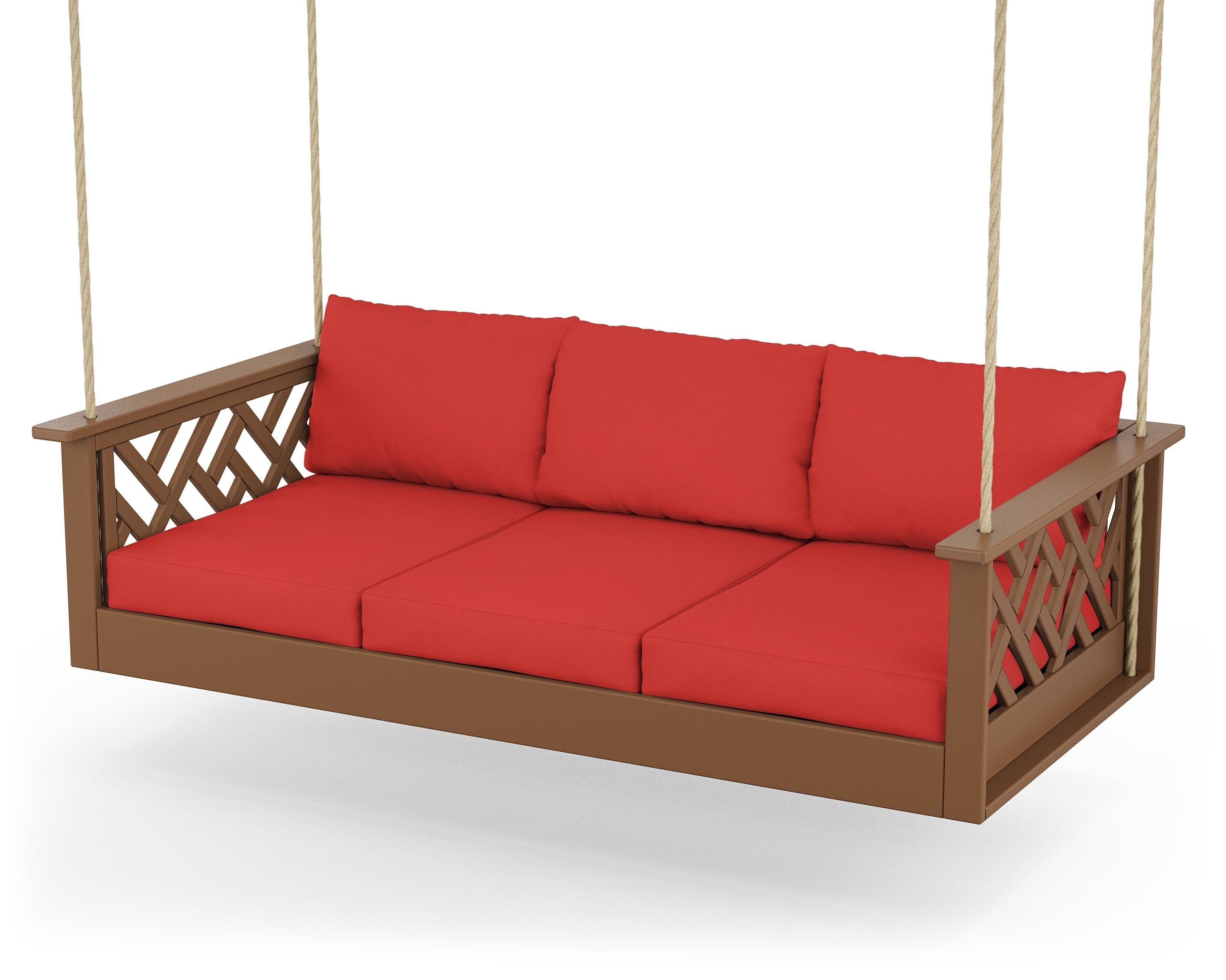 POLYWOOD® Chippendale Daybed Swing in Teak / Crimson Linen