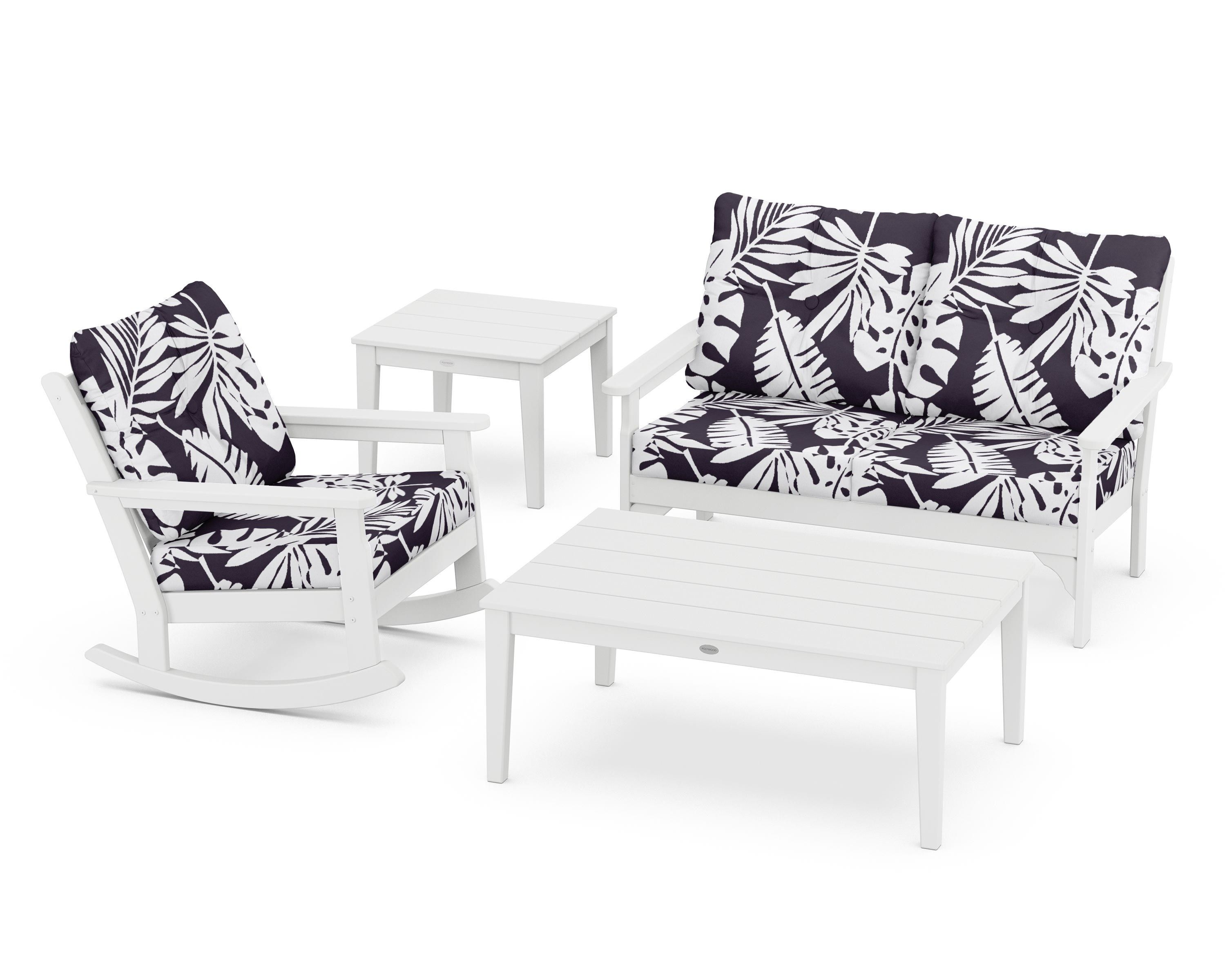 POLYWOOD® Vineyard 4-Piece Deep Seating Rocker Set in White / Leaf Navy