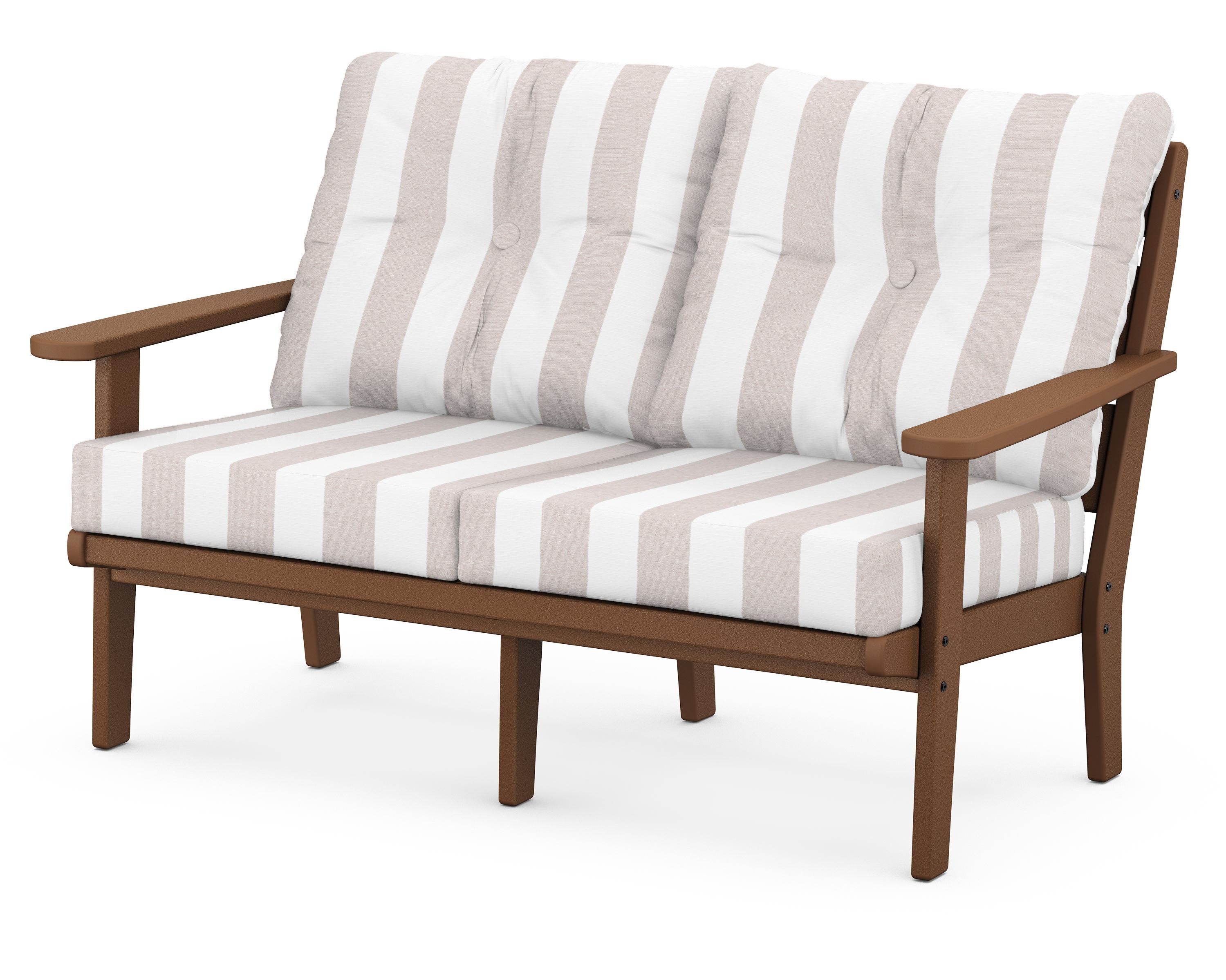 POLYWOOD® Lakeside Deep Seating Loveseat in Teak / Cabana Stripe Dune Burlap