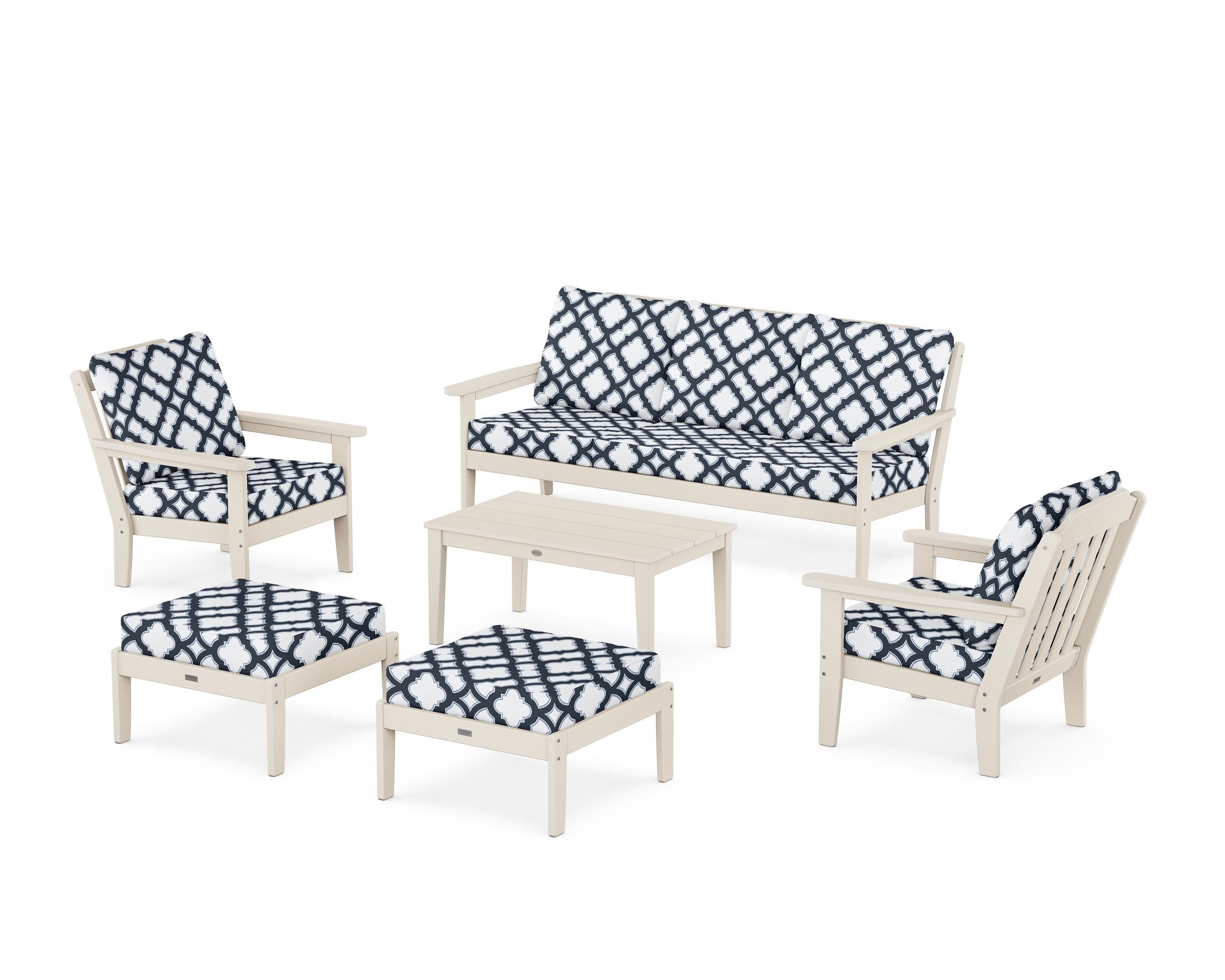 Country Living Cottage 6-Piece Lounge Sofa Set in Sand / Trellis Marine Indigo
