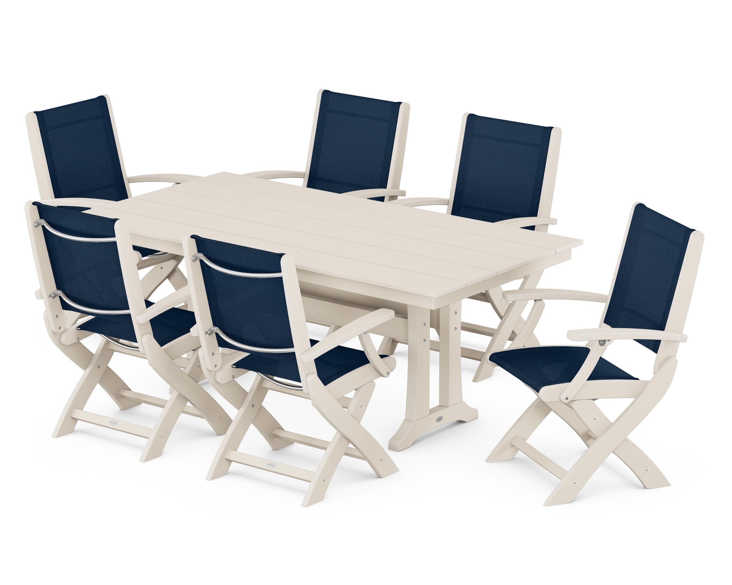 POLYWOOD® Coastal Folding Arm Chair 7-Piece Farmhouse Dining Set with Trestle Legs in Sand / Navy Blue Sling