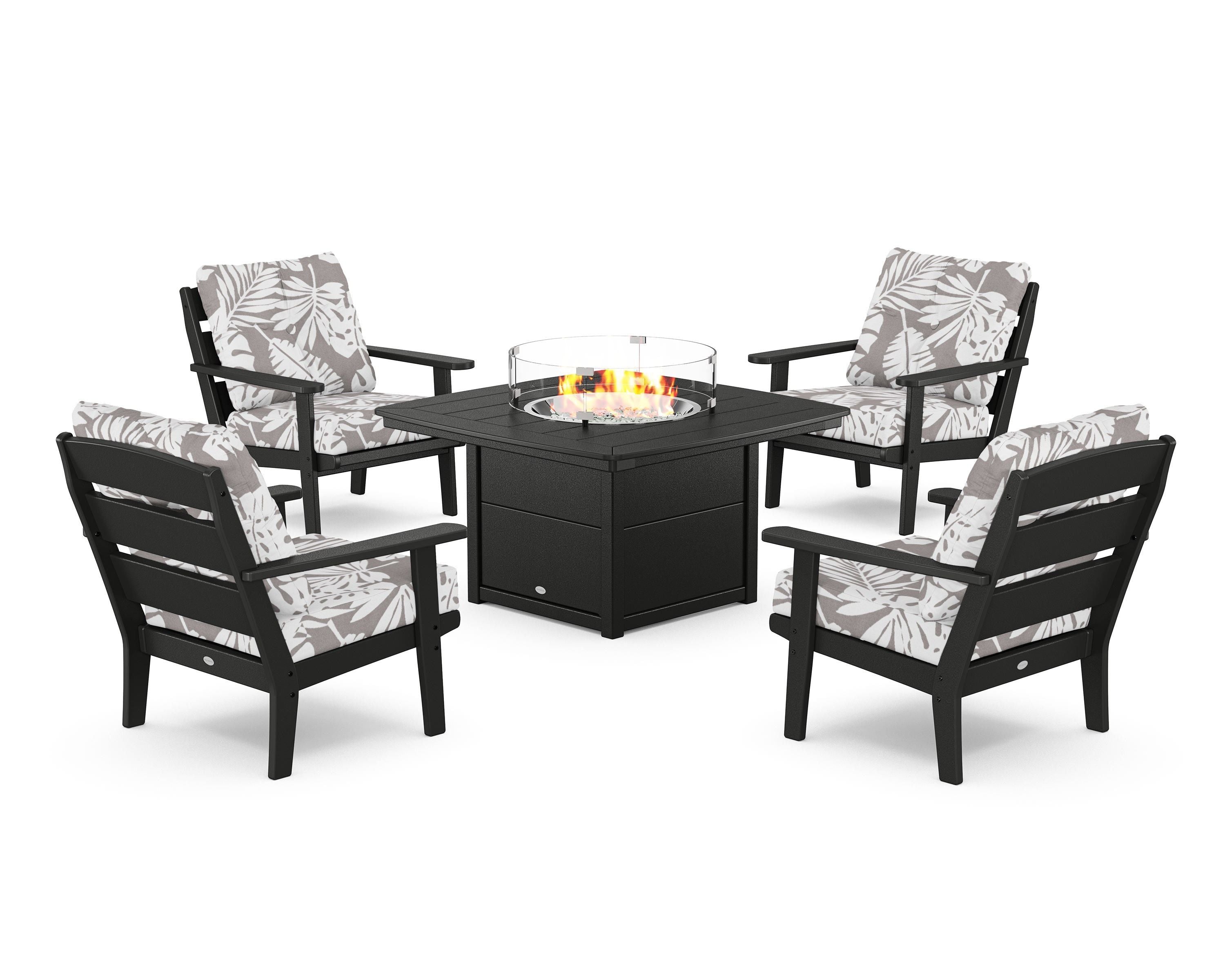 POLYWOOD® Lakeside 5-Piece Deep Seating Set with Nautical Fire Pit Table in Black / Leaf Grey Mist