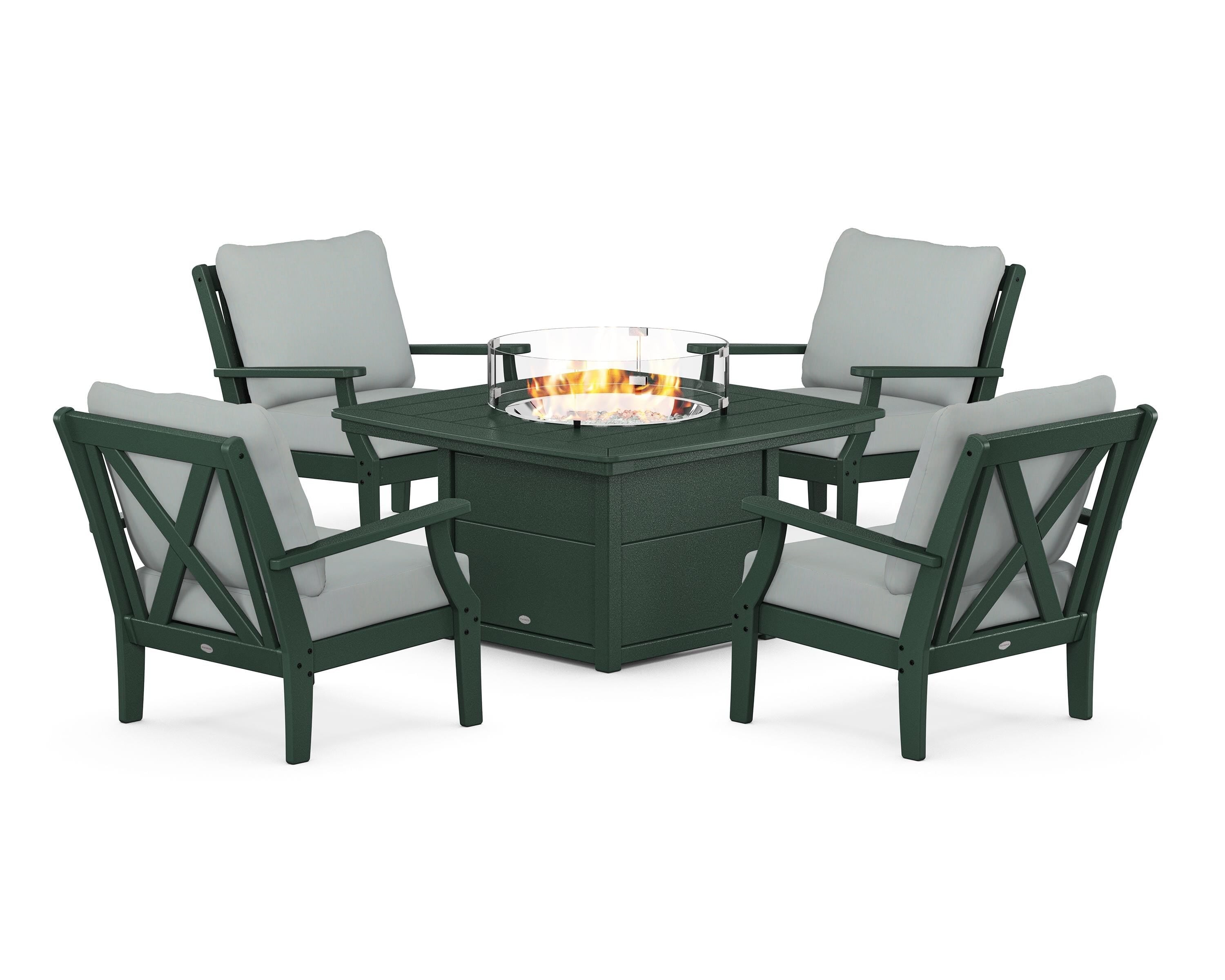 POLYWOOD® Braxton 5-Piece Deep Seating Conversation Set with Fire Pit Table in Green / Spa