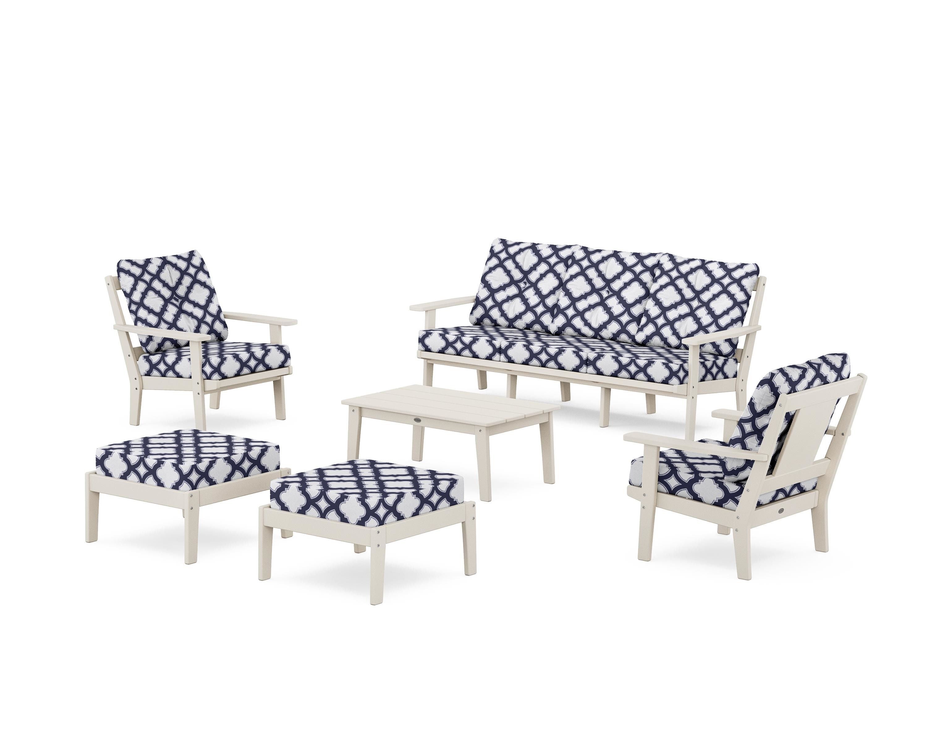 POLYWOOD® Prairie 6-Piece Lounge Sofa Set in Sand / Trellis Navy