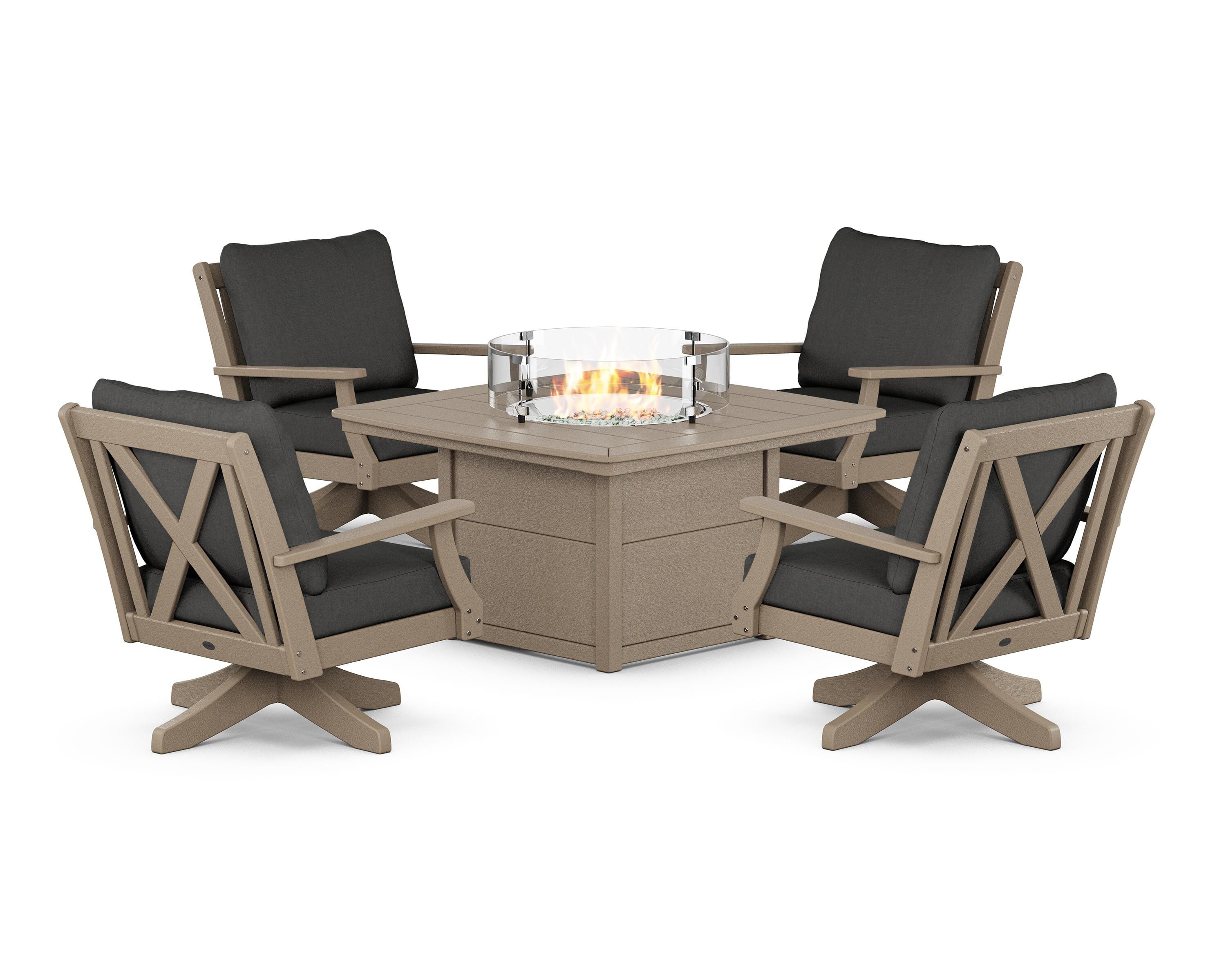 POLYWOOD® Braxton 5-Piece Deep Seating Swivel Conversation Set with Fire Pit Table in Vintage Sahara / Spectrum Carbon