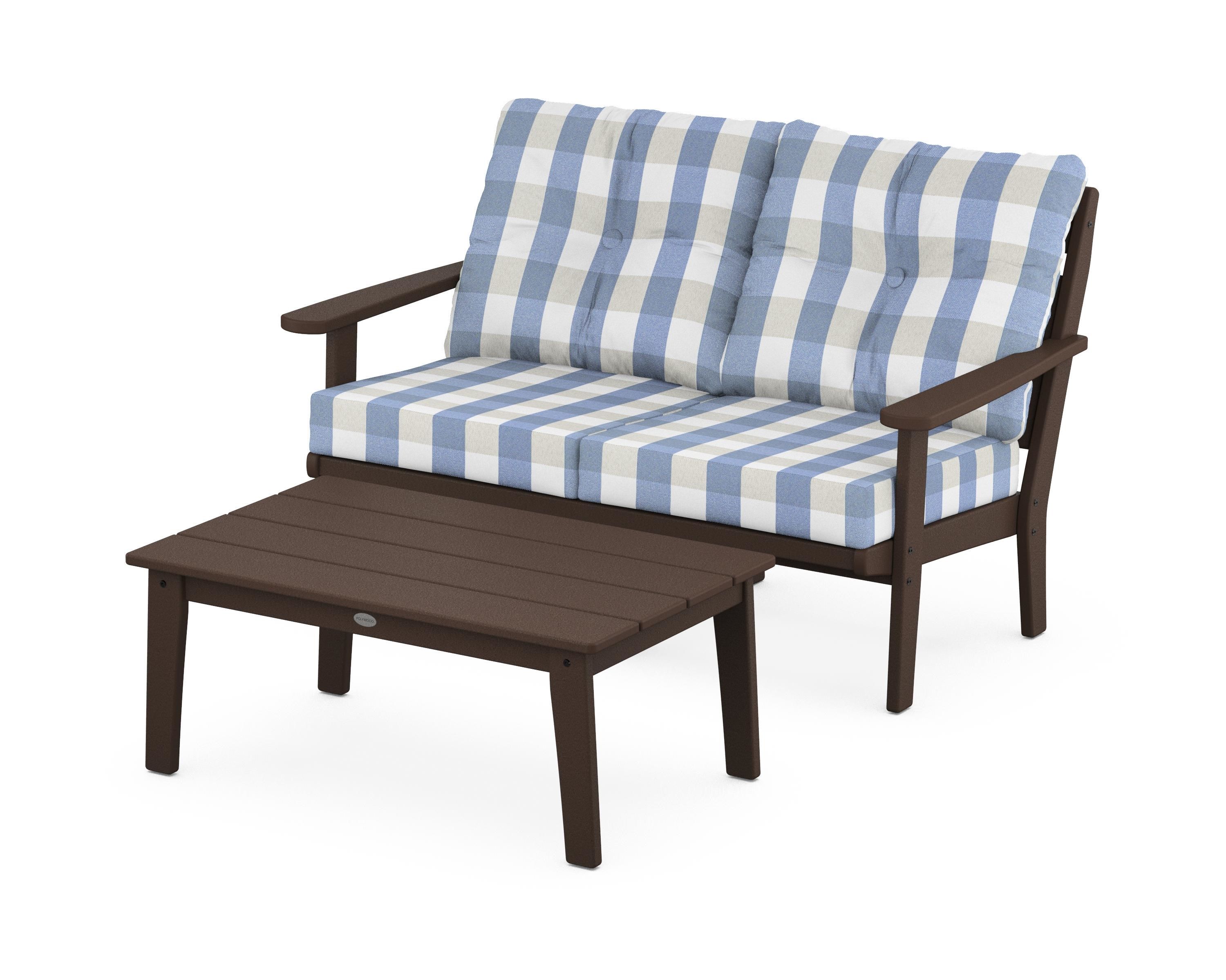 POLYWOOD® Lakeside 2-Piece Lounge Loveseat Set in Mahogany / Buffalo Plaid Sky Blue