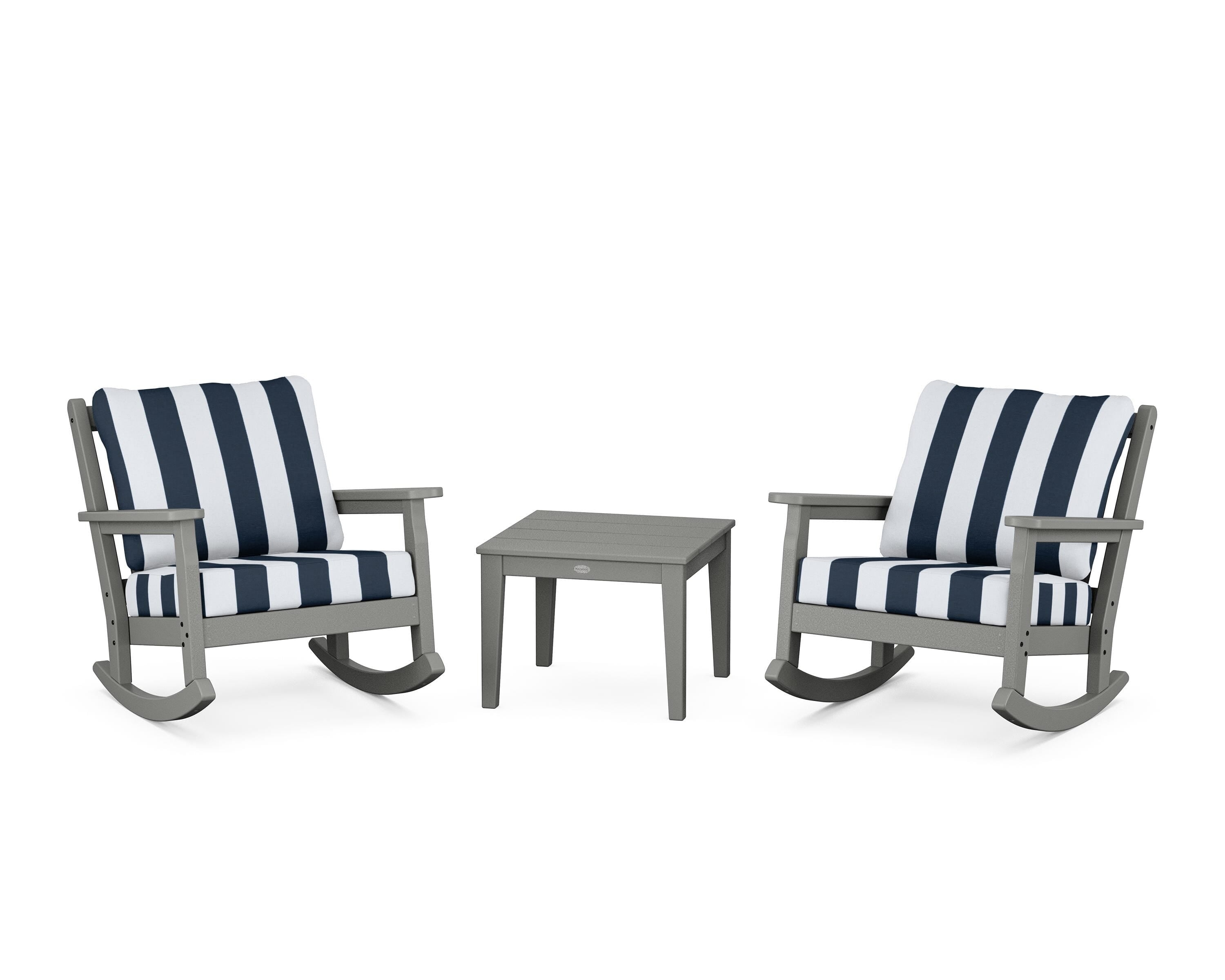 POLYWOOD® Chippendale 3-Piece Deep Seating Rocker Set in Slate Grey / Cabana Stripe Marine Indigo