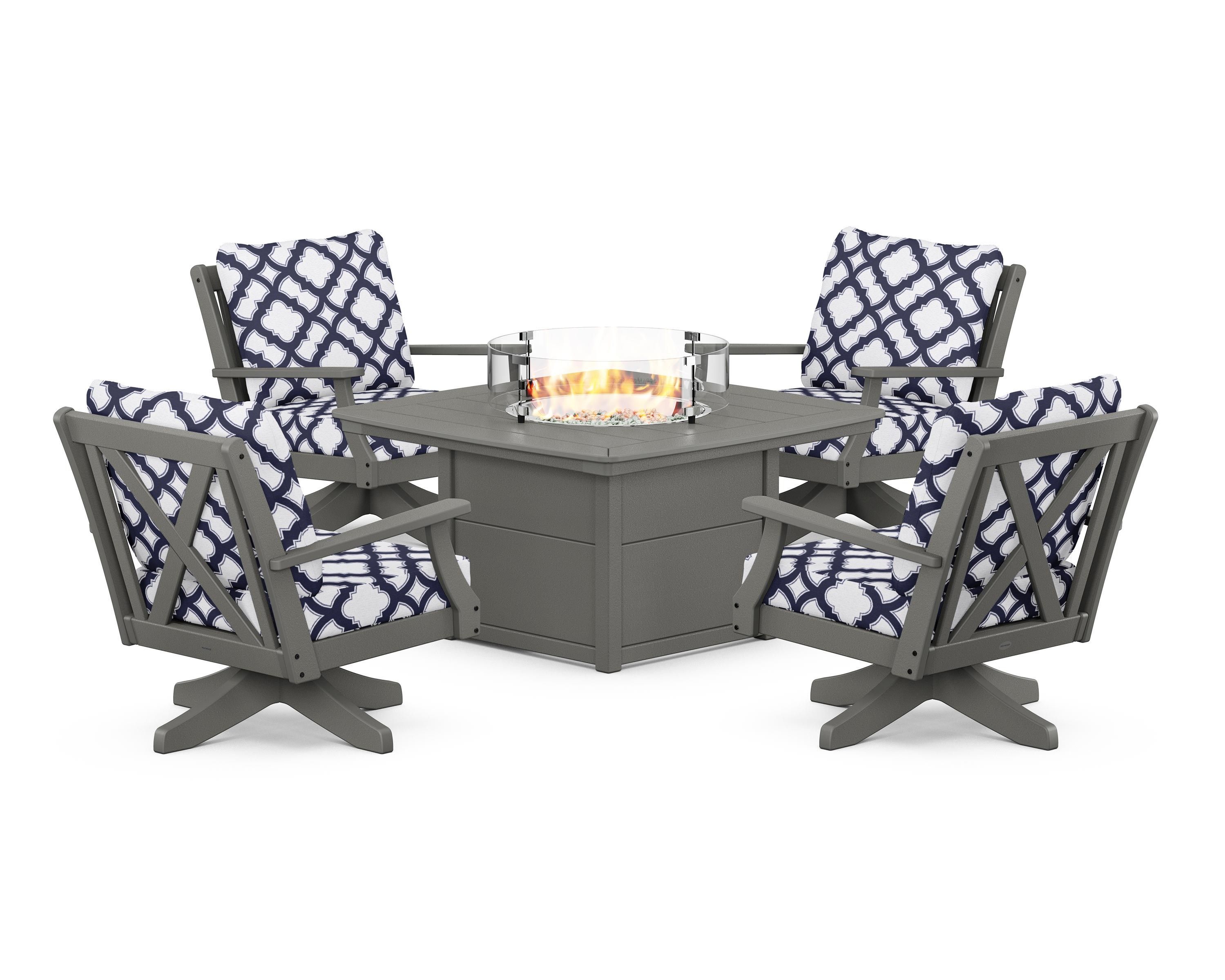 POLYWOOD® Braxton 5-Piece Deep Seating Swivel Conversation Set with Fire Pit Table in Slate Grey / Trellis Navy