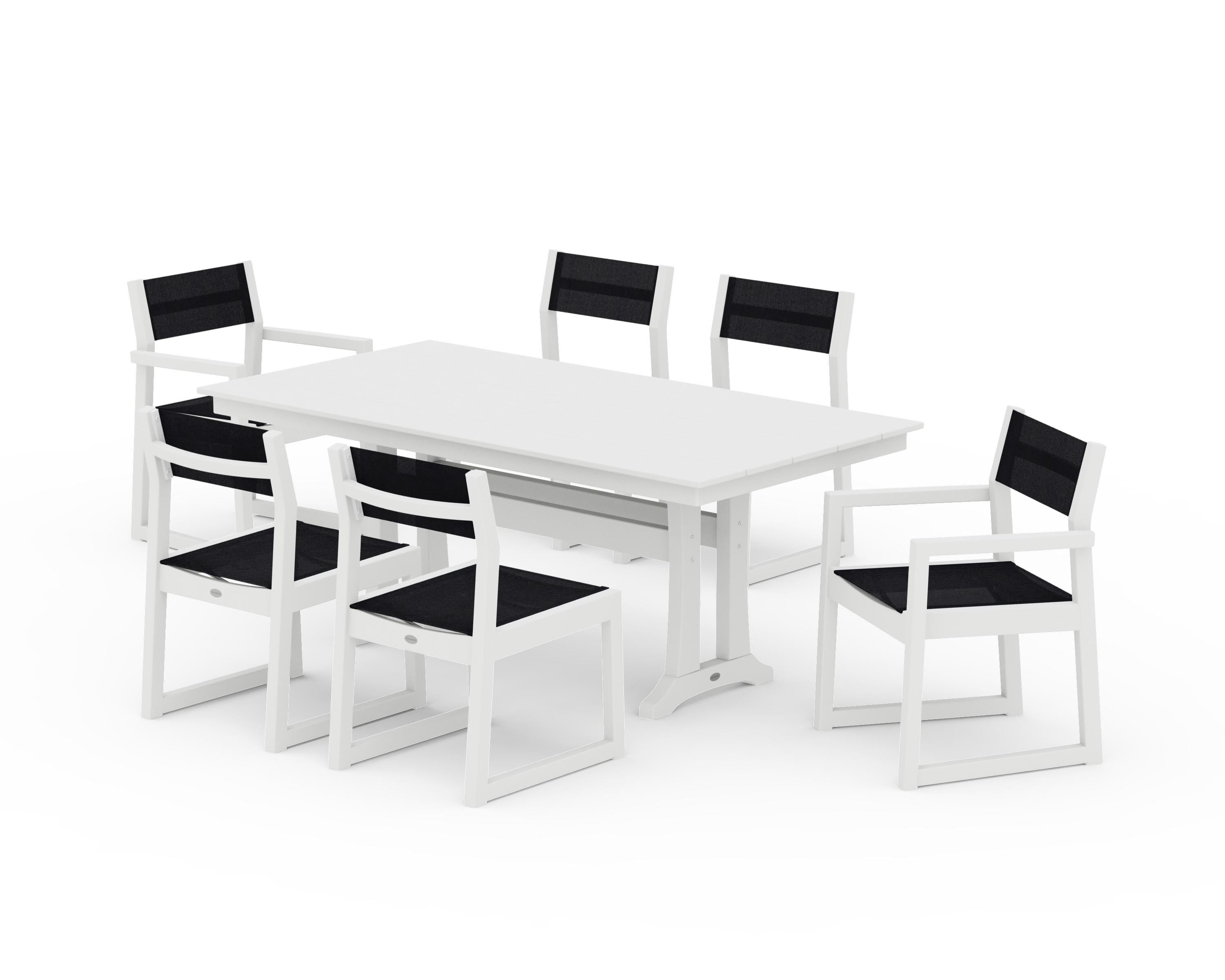 POLYWOOD® EDGE Sling 7-Piece Farmhouse Trestle Dining Set in White / Black Sling