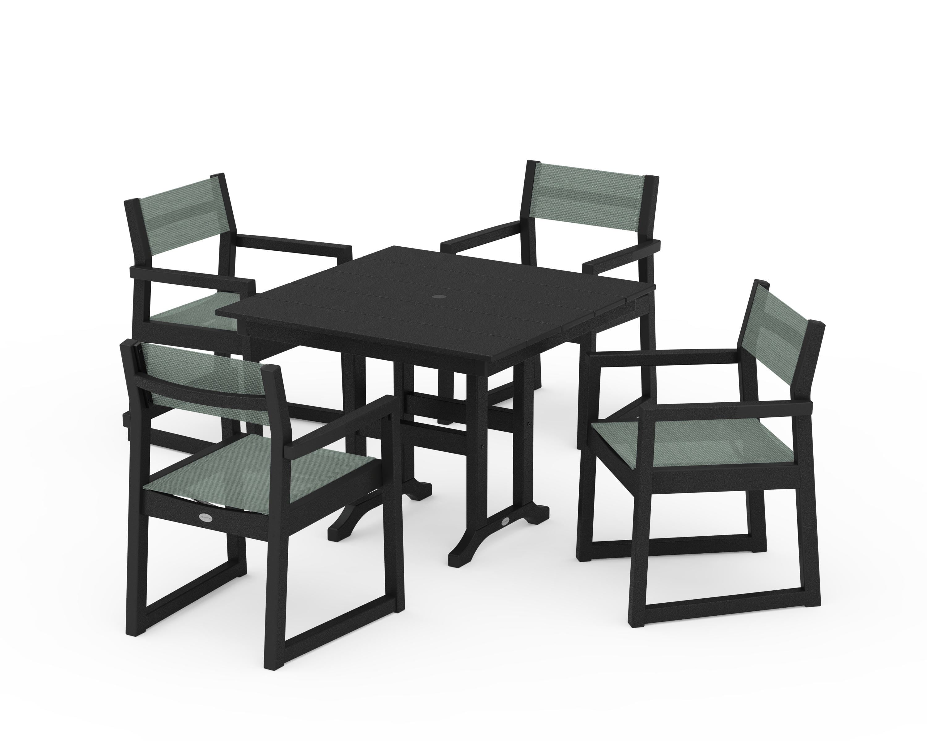 POLYWOOD® EDGE Sling Arm Chair 5-Piece Farmhouse Dining Set in Black / Dupioni Sea Mist Sling