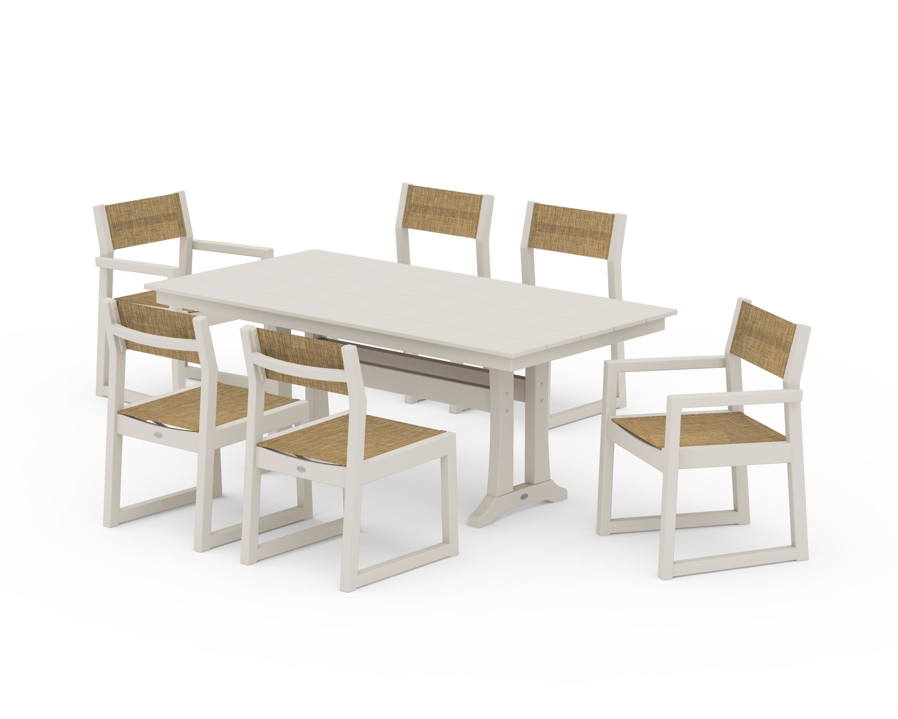 POLYWOOD® EDGE Sling 7-Piece Farmhouse Trestle Dining Set in Sand / Burlap Sling