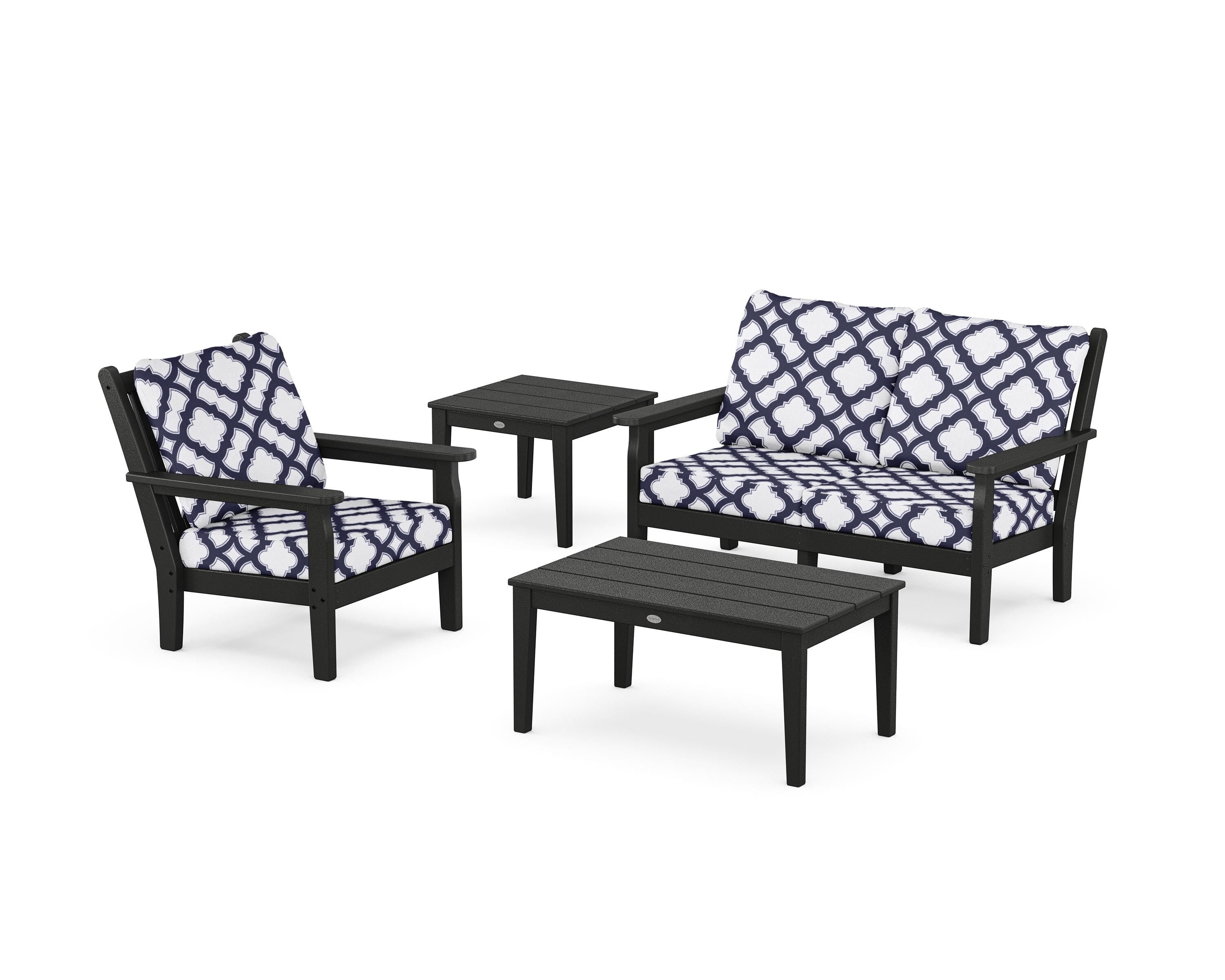 POLYWOOD® Chippendale 4-Piece Deep Seating Set in Black / Trellis Navy