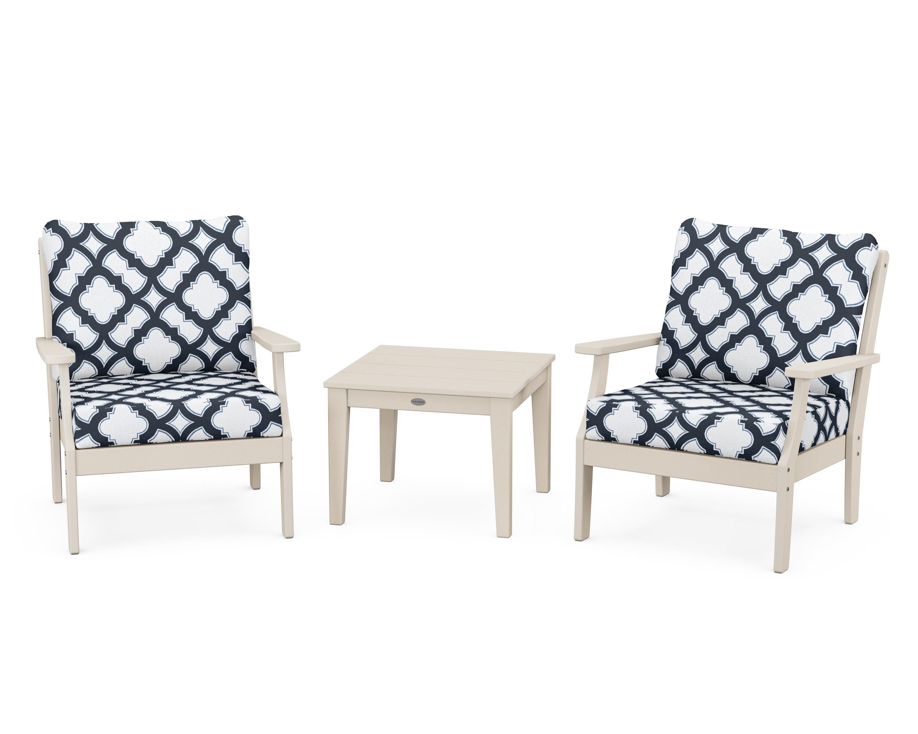 POLYWOOD® Braxton 3-Piece Deep Seating Set in Sand / Trellis Marine Indigo